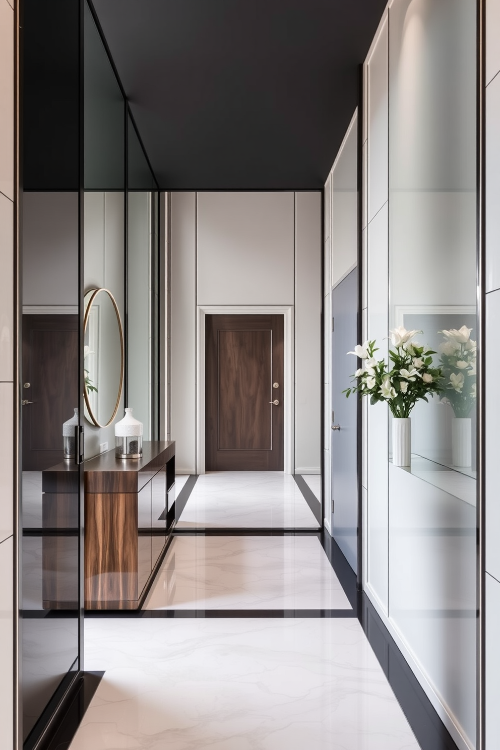 A transitional foyer that seamlessly blends various textures. The space features a sleek console table with a glass top and a wooden base, accented by a large round mirror above it. The walls are painted in a warm neutral tone, complemented by a plush area rug that adds softness underfoot. Stylish lighting fixtures hang from the ceiling, creating an inviting ambiance that welcomes guests.