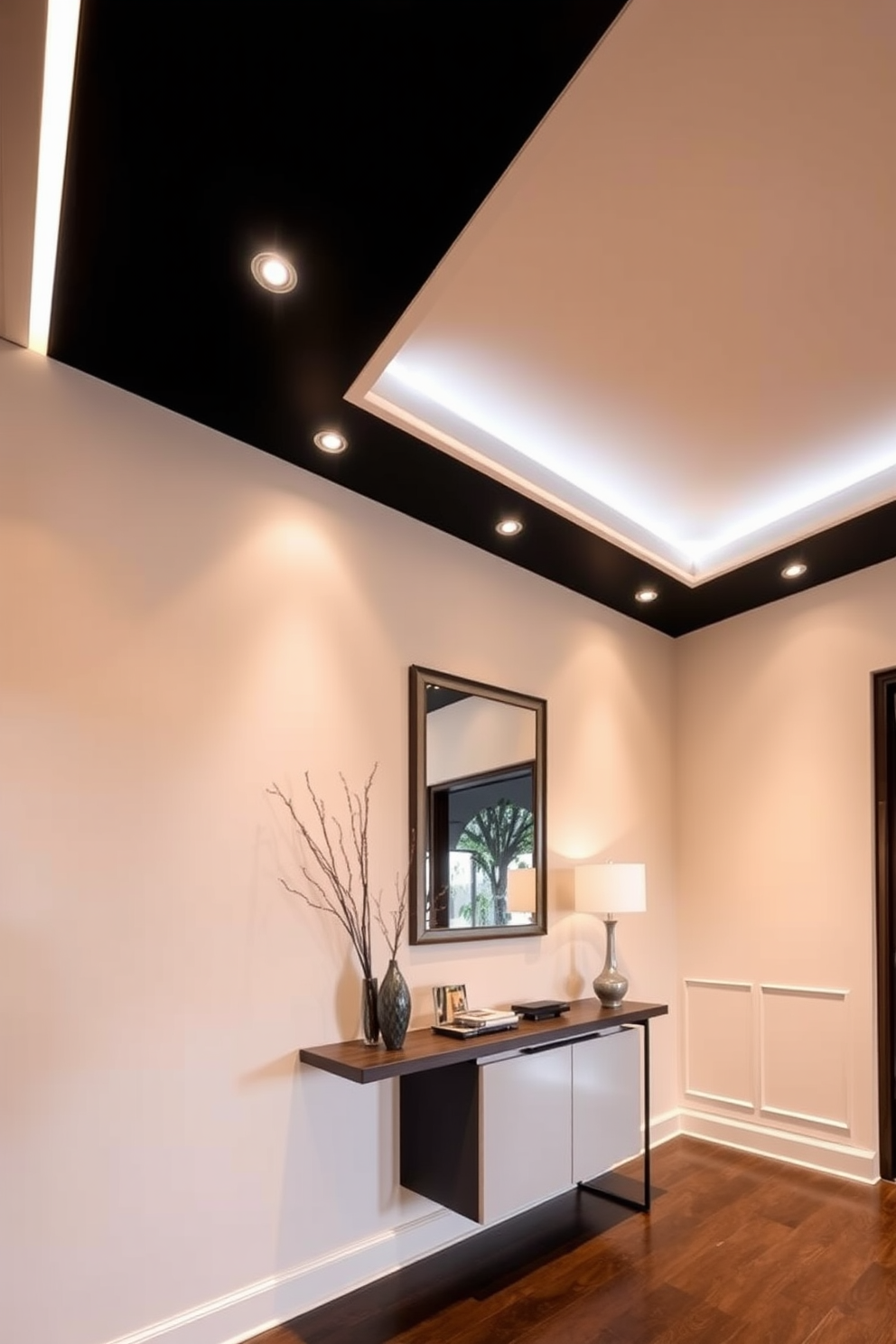 A contemporary foyer design featuring layered lighting that enhances both ambiance and functionality. The space includes a sleek console table against the wall, adorned with decorative objects and a stylish mirror above it, while recessed ceiling lights provide a warm glow.