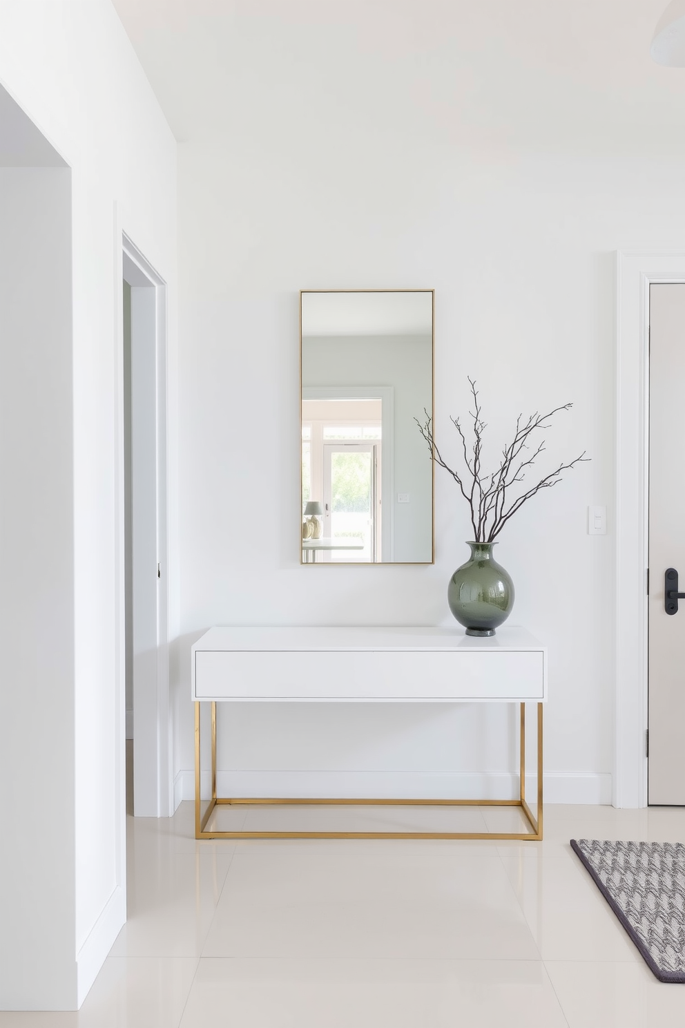 A contemporary foyer features crisp white walls that create a clean and inviting atmosphere. The space is enhanced by a sleek console table with a minimalist design, accompanied by a statement mirror that reflects natural light.