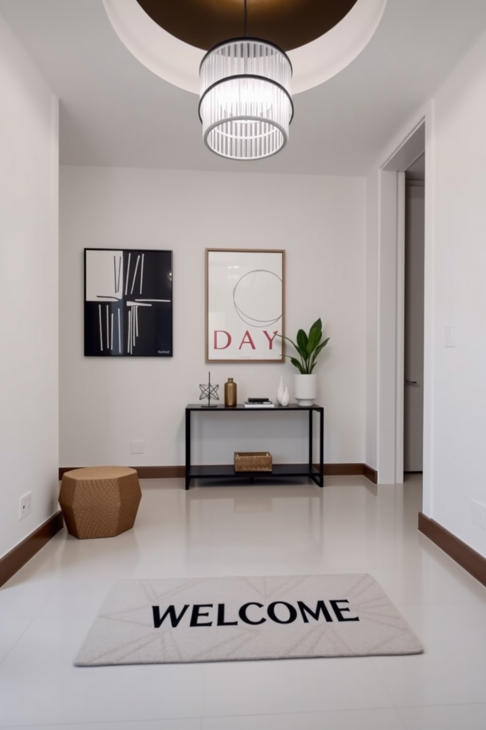 A personalized welcome mat greets guests at the entrance of a contemporary foyer. The space features sleek lines and a neutral color palette with a statement light fixture hanging above. The walls are adorned with minimalist artwork that complements the overall aesthetic. A stylish console table sits against one wall, topped with decorative items and a small potted plant for a touch of greenery.