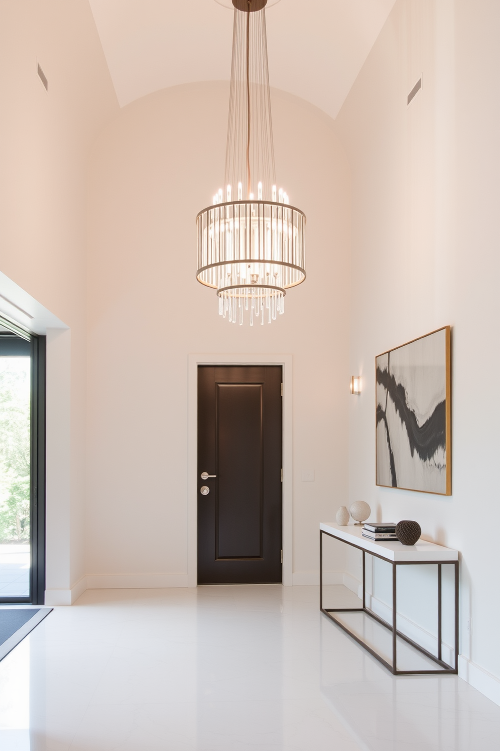 A contemporary foyer features a large statement mirror that reflects natural light and creates a sense of depth. The walls are adorned with sleek artwork, and a minimalist console table sits beneath the mirror, adding functionality and style.