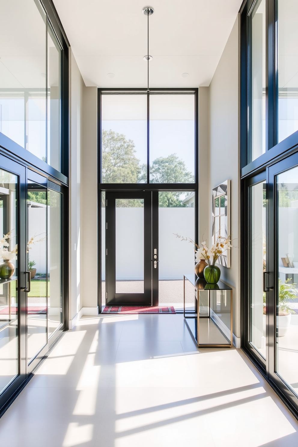 A contemporary foyer featuring large glass doors that allow natural light to flood the space. The entryway is adorned with a sleek console table and a statement mirror, enhancing the airy atmosphere.