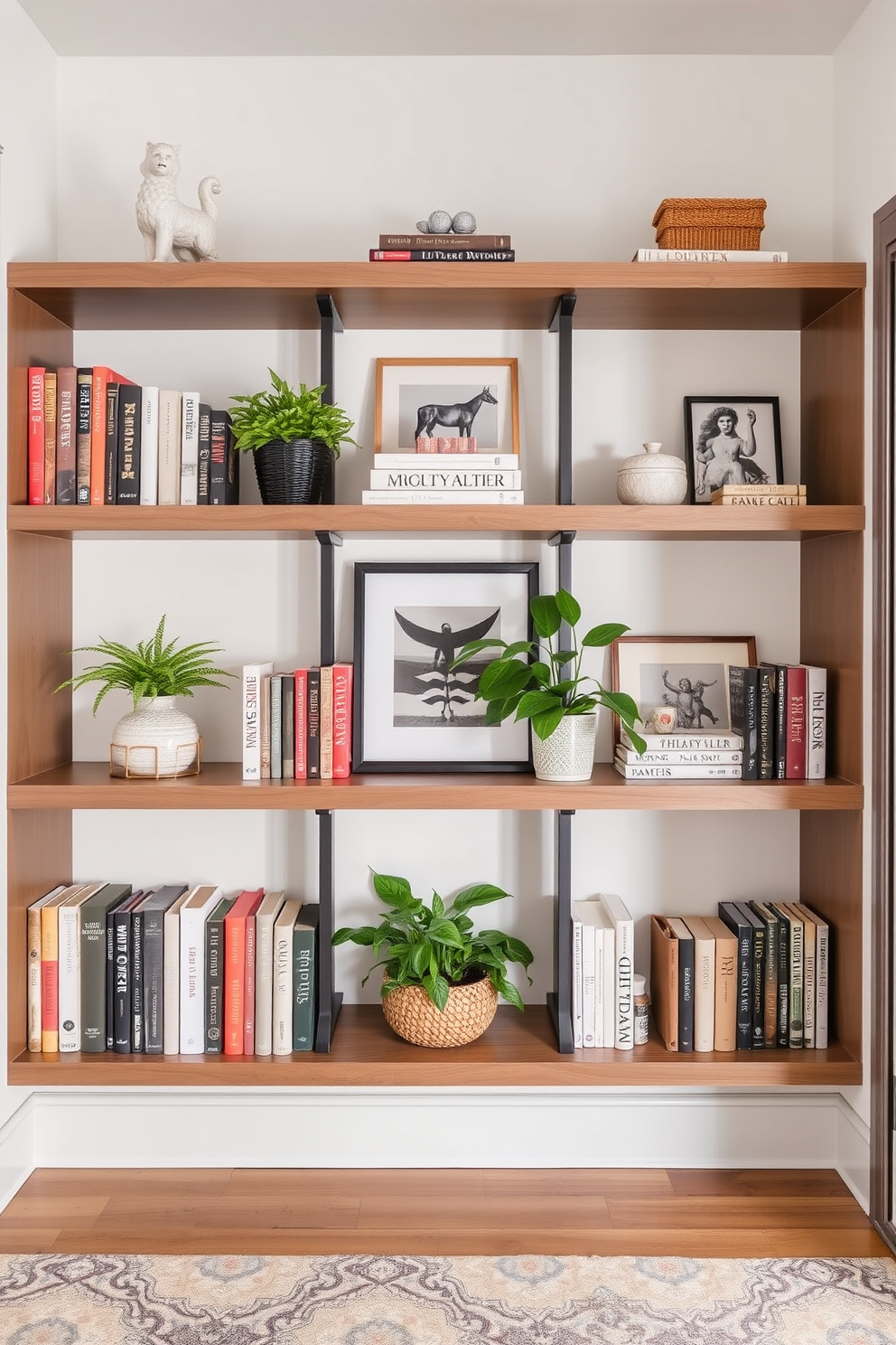 A contemporary foyer featuring a sleek console table made of glass and metal. Flanking the table are two large potted plants that add a touch of greenery and vibrancy to the space. The walls are adorned with minimalist artwork that complements the modern aesthetic. A stylish area rug in neutral tones anchors the space, creating a welcoming entrance.