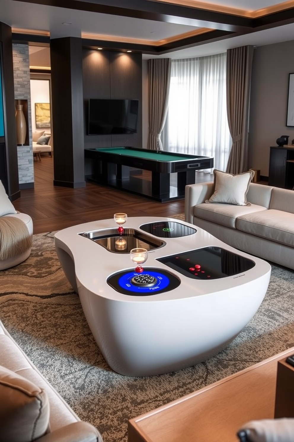 A unique coffee table designed with integrated gaming features sits at the center of a contemporary game room. The table boasts sleek lines and a glossy finish, surrounded by plush seating that invites relaxation and fun.