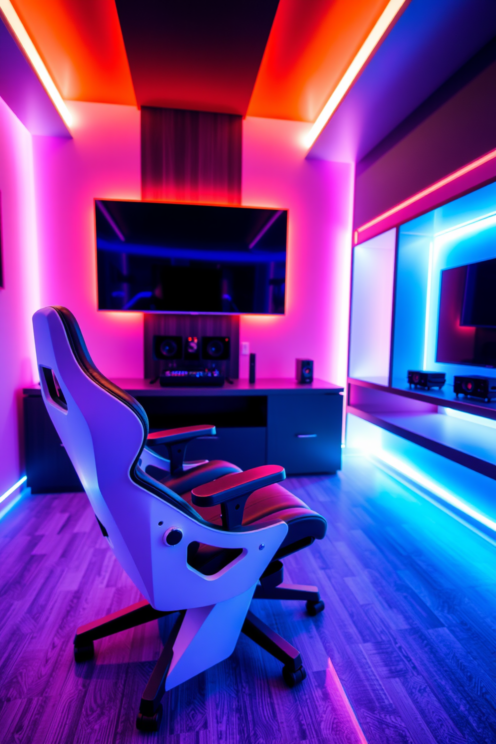 A contemporary game room featuring a sleek gaming chair designed for ergonomic support. The room is equipped with a large flat-screen TV mounted on the wall, surrounded by ambient LED lighting for an immersive gaming experience.