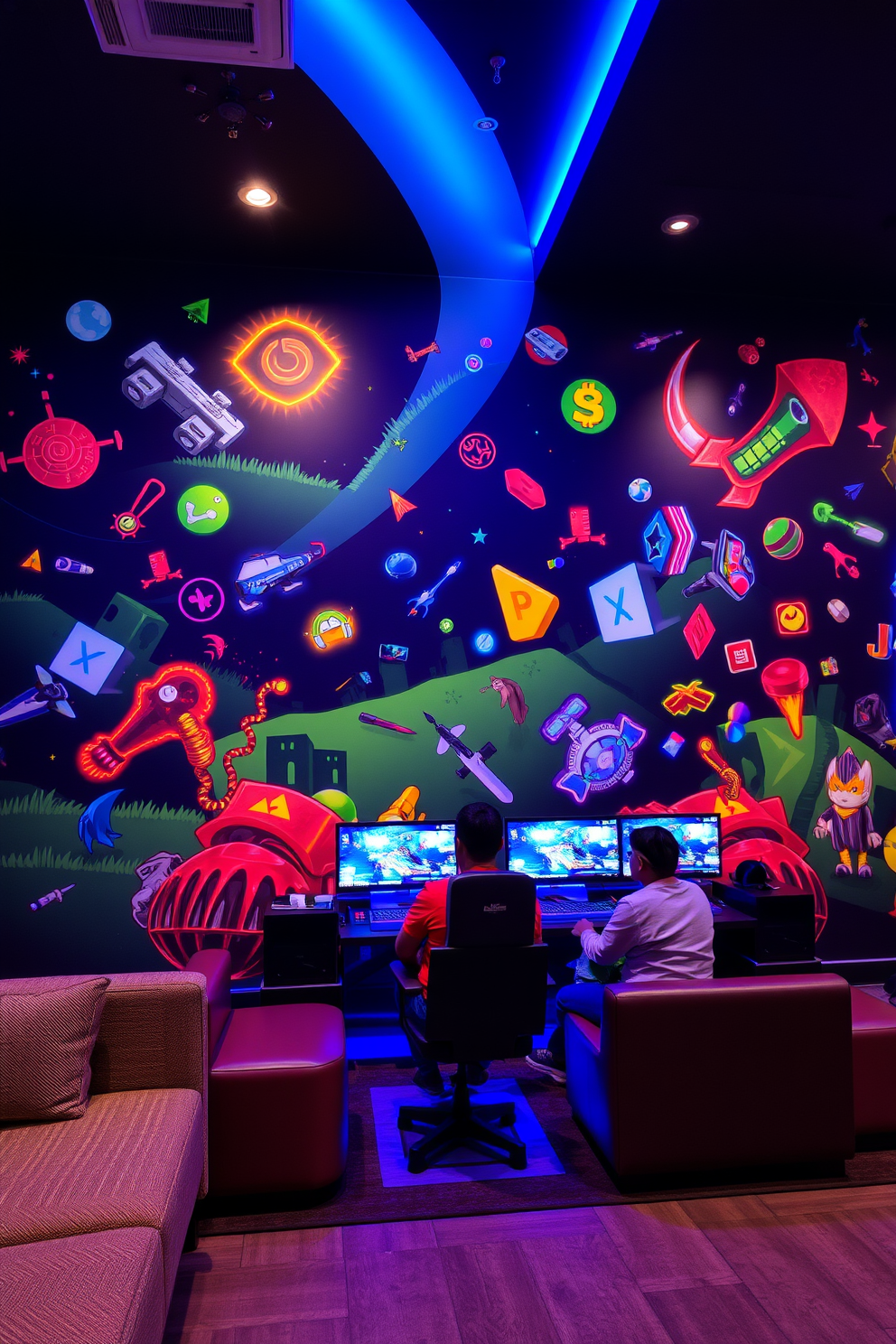 Interactive wall art featuring vibrant game motifs creates an engaging focal point in the room. The space is designed with comfortable seating arrangements and dynamic lighting to enhance the gaming experience.