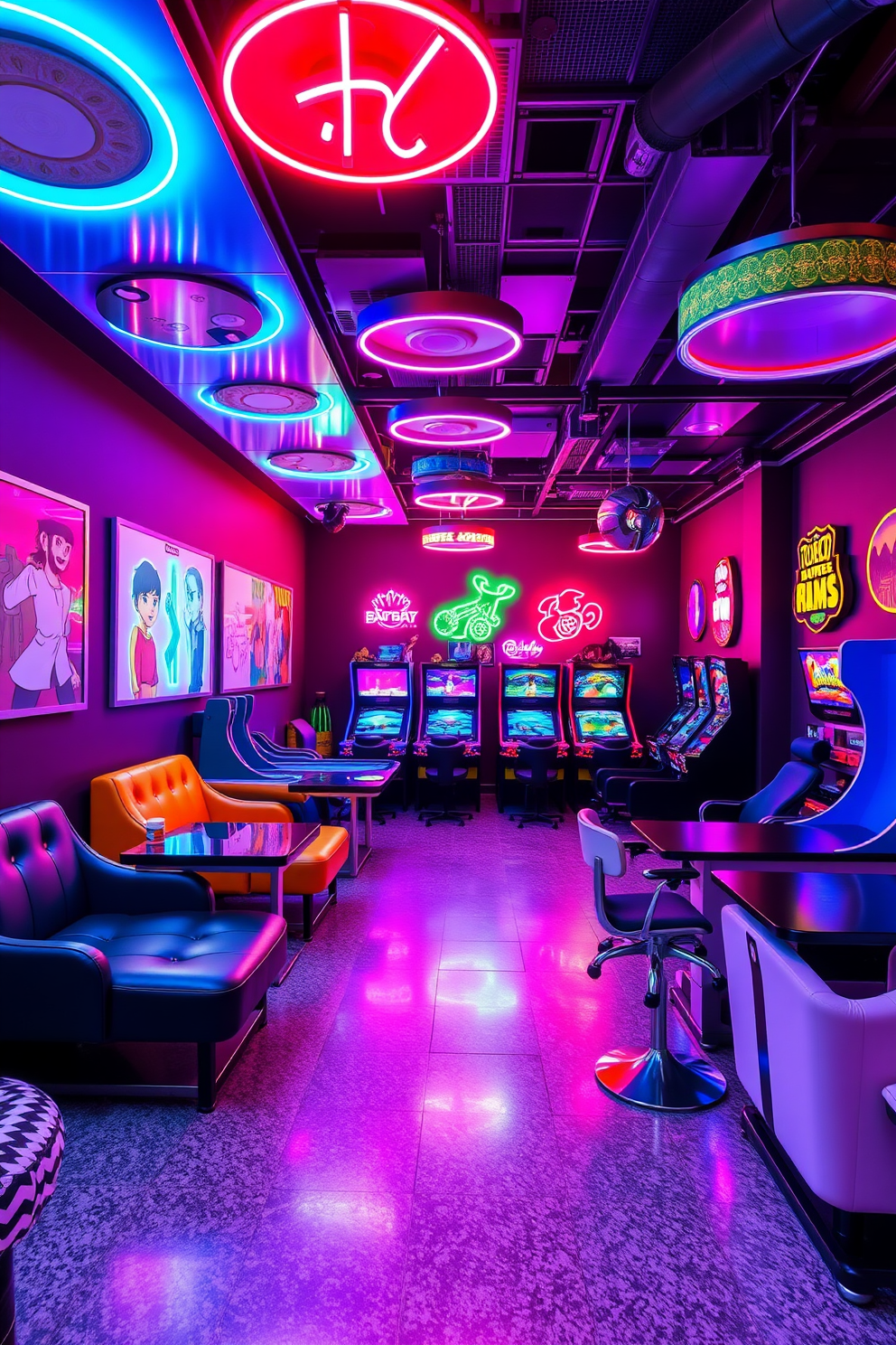 A contemporary game room filled with vibrant neon signs that illuminate the space in various colors. The walls are adorned with playful artwork and the furniture features sleek lines and bold patterns, creating an energetic and inviting environment.