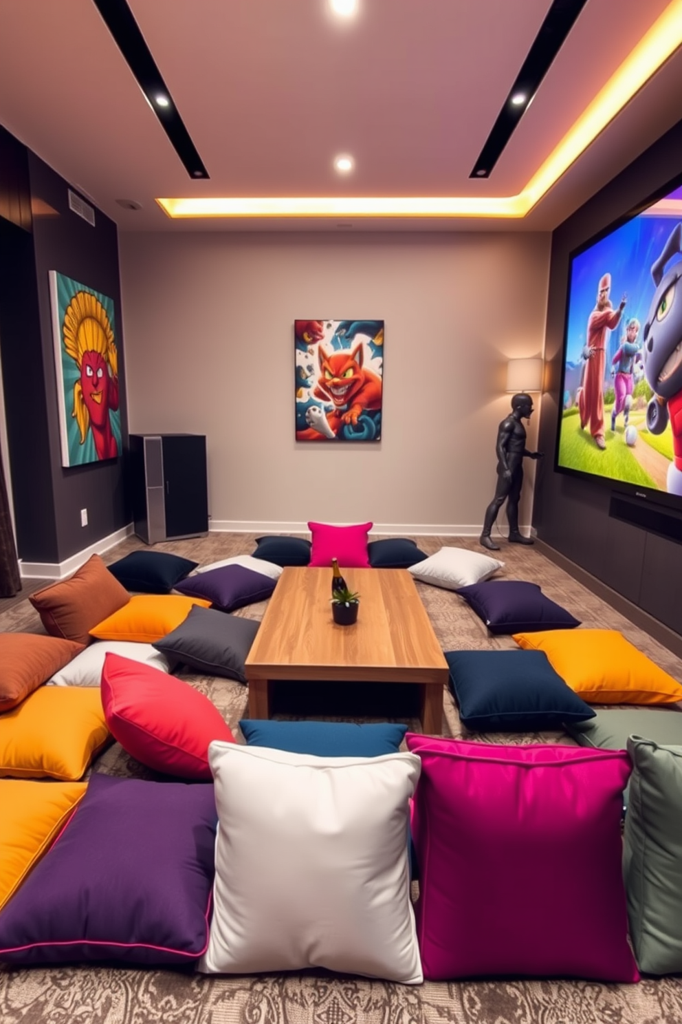 A contemporary game room features an array of colorful floor cushions arranged around a low coffee table. The cushions vary in size and texture, creating a playful atmosphere that encourages relaxation and social interaction. The walls are adorned with vibrant artwork that reflects the spirit of fun and leisure. A sleek gaming console is positioned in one corner, while a large screen dominates the opposite wall, perfect for movie nights or gaming sessions.