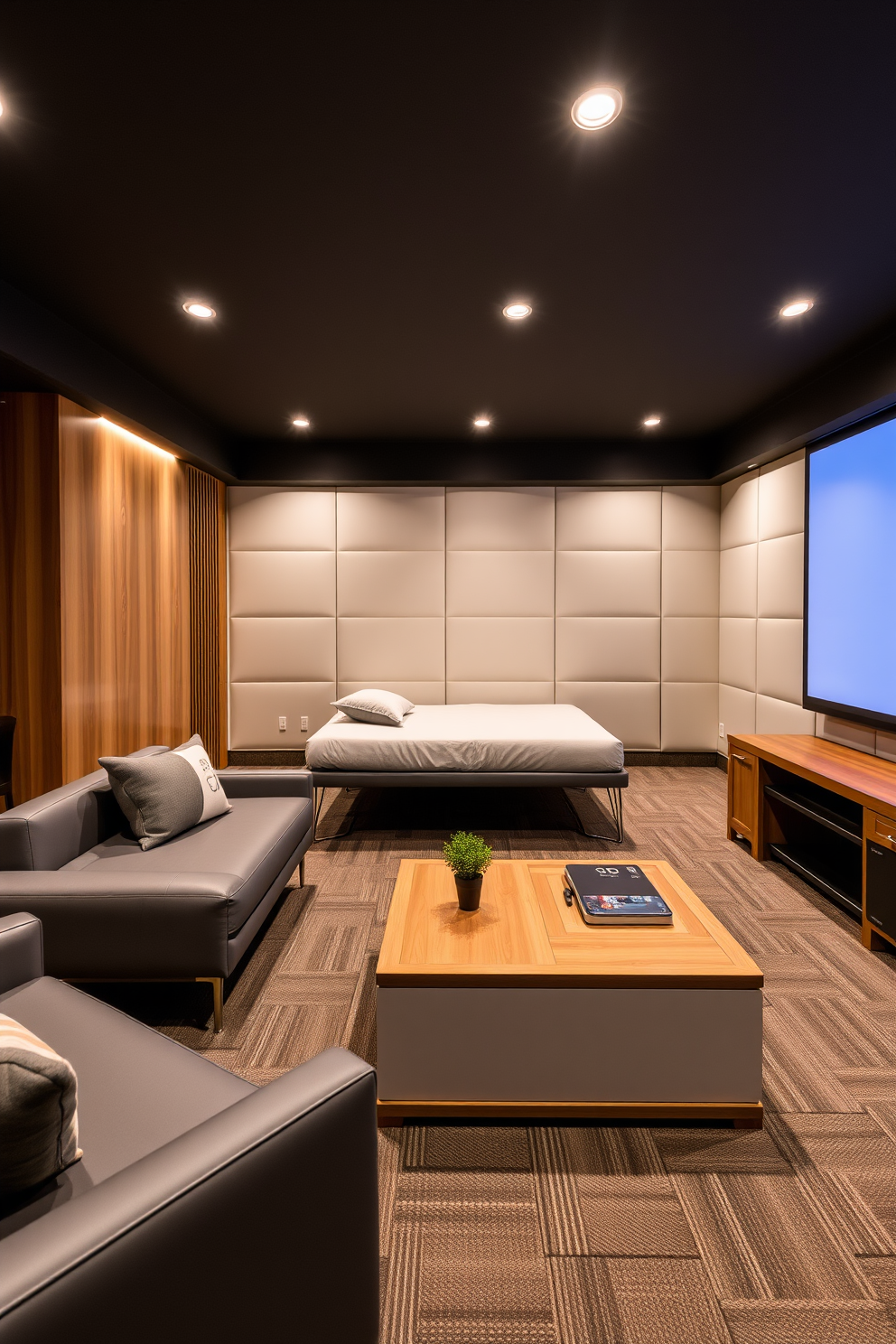 A contemporary game room featuring dual-purpose furniture that maximizes space efficiency. The room includes a sleek sofa that converts into a bed and a coffee table with built-in storage, allowing for seamless transitions between relaxation and entertainment.