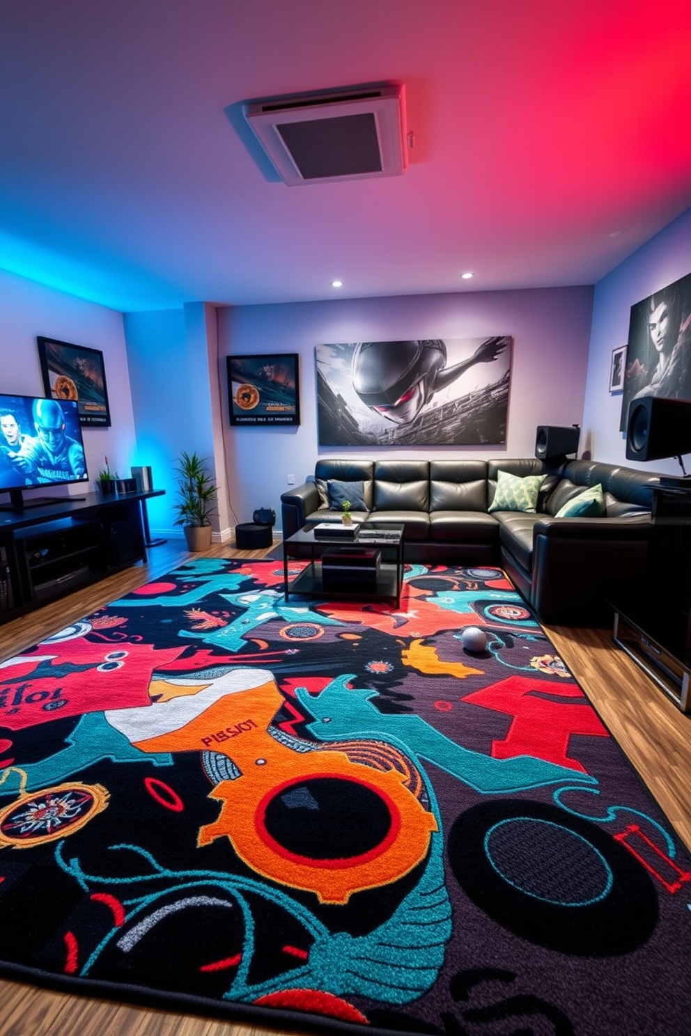 A cozy game room featuring a large gaming-themed area rug that showcases vibrant colors and dynamic patterns. The rug provides comfort underfoot while complementing the sleek furniture and gaming setup in the space. The room is designed with modern aesthetics, including a sectional sofa and a stylish coffee table. Soft lighting enhances the atmosphere, creating an inviting environment for gaming sessions with friends.