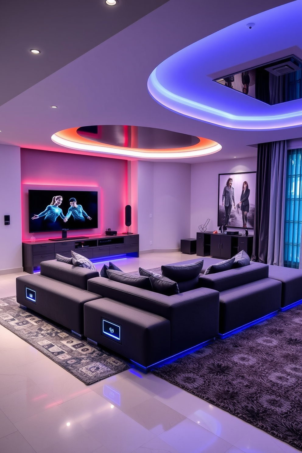 A contemporary game room featuring smart home integration for ultimate convenience. The space includes a large sectional sofa equipped with built-in charging ports and ambient LED lighting that adjusts with the mood. A sleek gaming console area with a wall-mounted screen and sound system seamlessly controlled via a smartphone app. The room is accented with modern art pieces and plush rugs for added comfort and style.