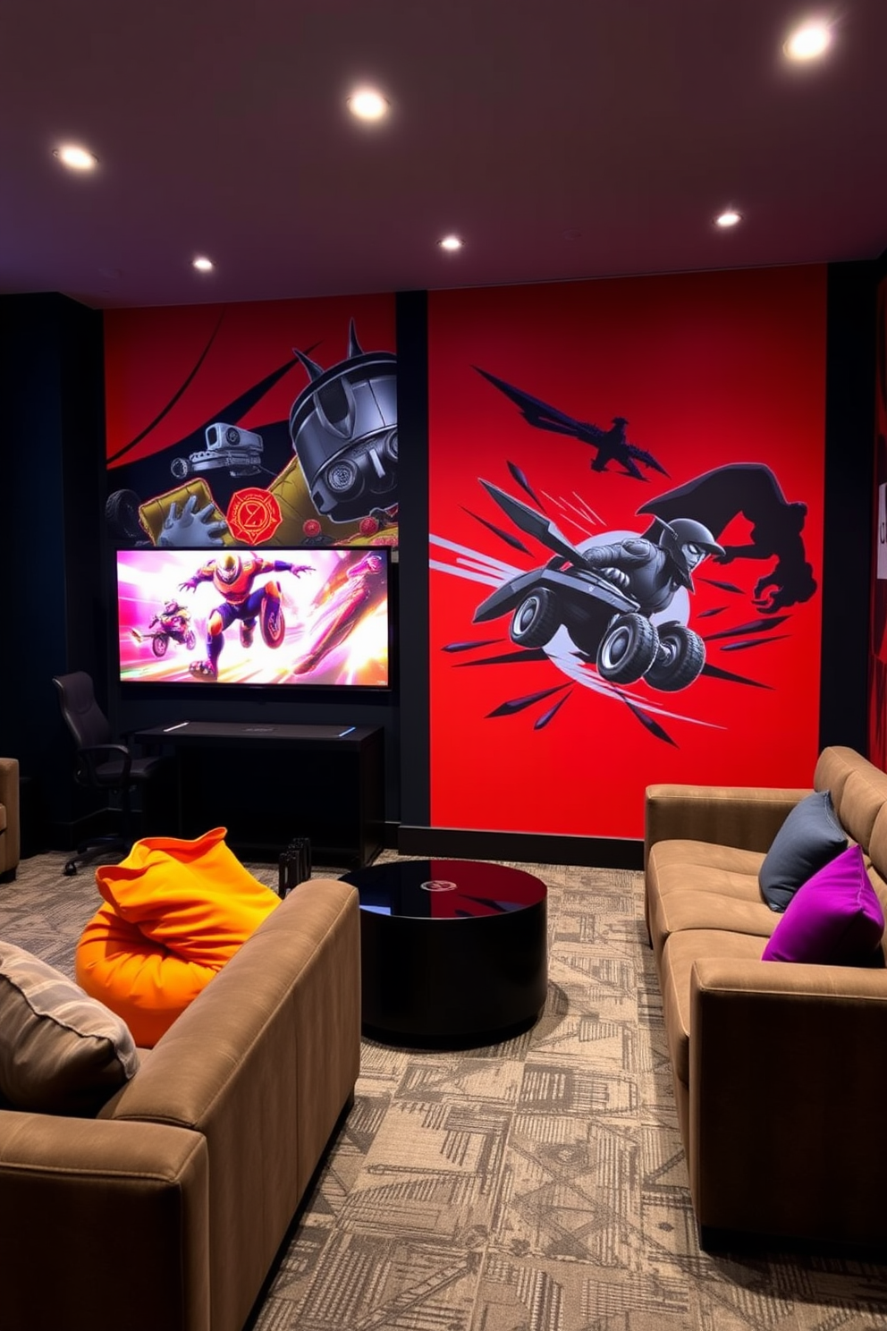 A contemporary game room featuring bold accent walls adorned with dynamic gaming graphics. The space includes comfortable seating arrangements with plush sofas and vibrant bean bags, creating an inviting atmosphere for gaming enthusiasts.