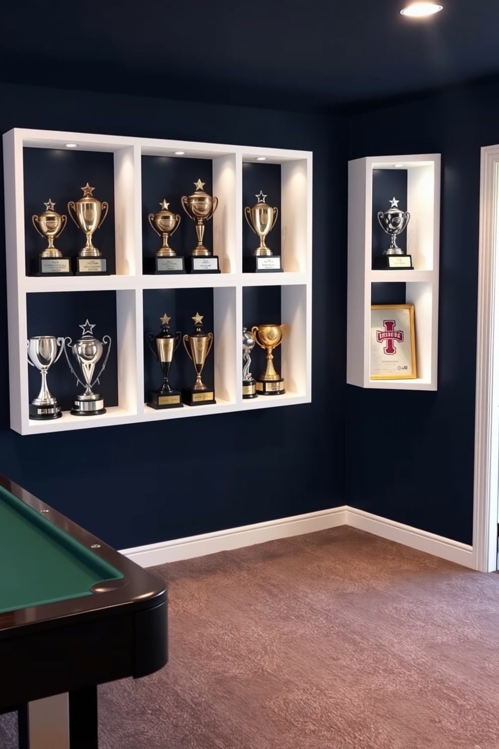 A contemporary game room featuring personalized trophies displayed on sleek, modern shelves. The walls are painted in a deep navy blue, and the floor is covered with a plush gray carpet to enhance comfort.