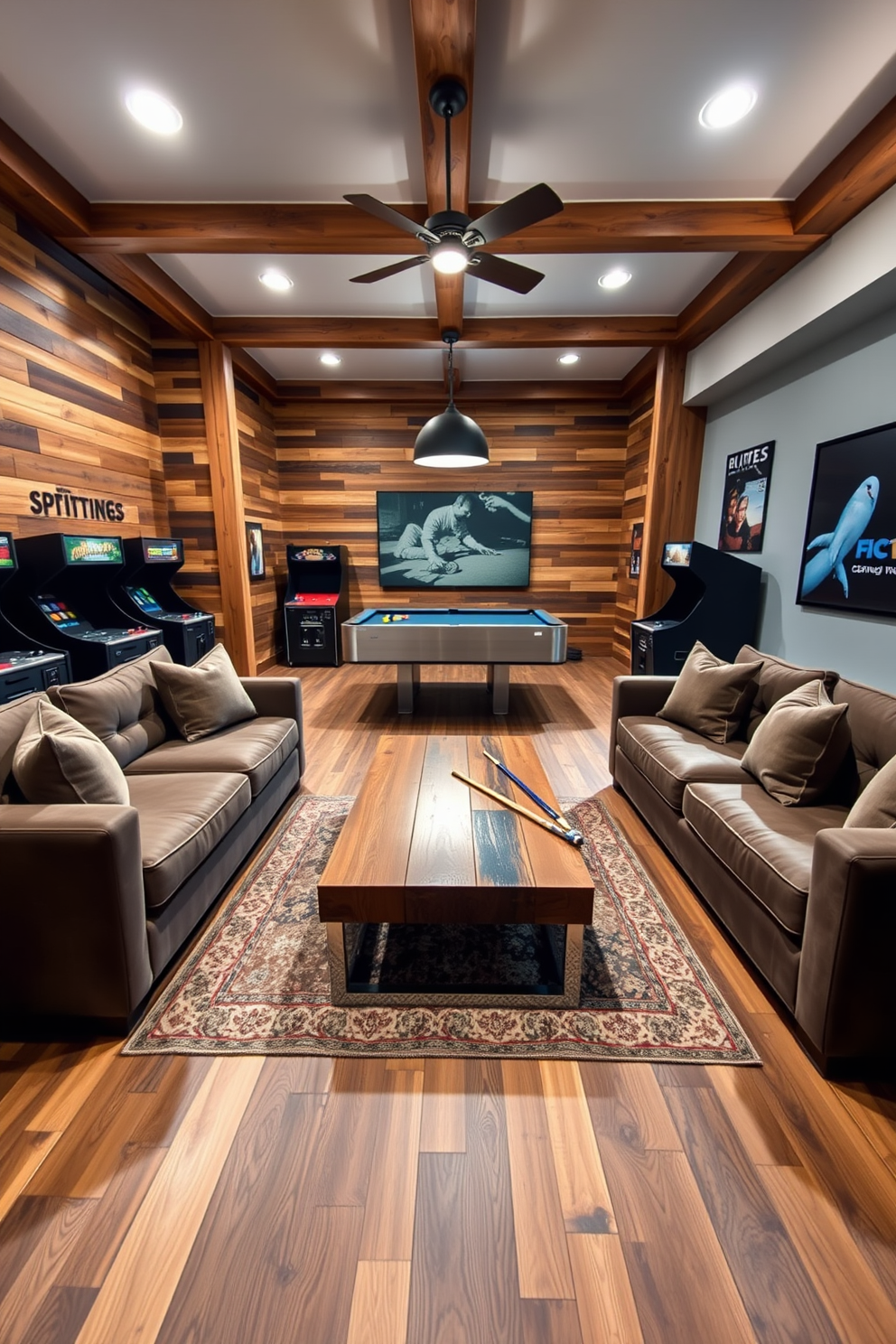 A contemporary game room featuring rustic wood accents that create a cozy atmosphere. The space includes a large sectional sofa with plush cushions and a reclaimed wood coffee table at the center, surrounded by vintage arcade machines and a sleek pool table.