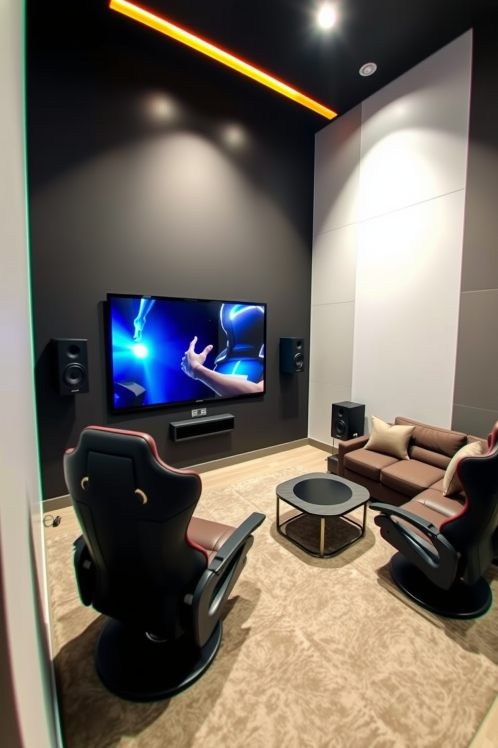 A contemporary game room featuring a large screen mounted on the wall with a surround sound setup for an immersive experience. The room is furnished with a plush sectional sofa and stylish gaming chairs, creating a comfortable and inviting atmosphere.