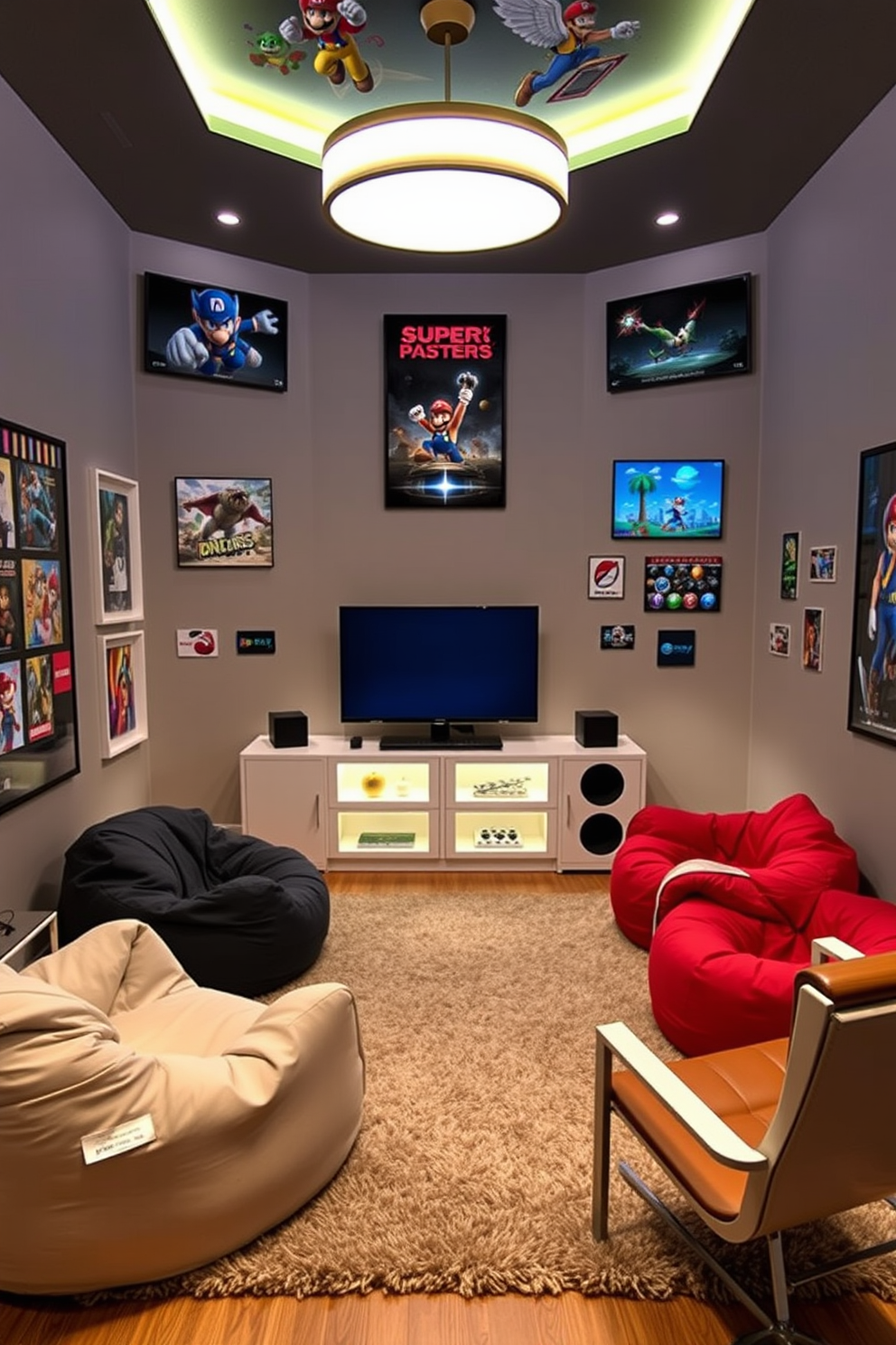 A contemporary game room designed with a theme based on favorite games. The walls are adorned with artwork and posters from classic and modern video games, creating an immersive atmosphere. A sleek gaming console is positioned on a custom-built entertainment unit, surrounded by comfortable seating options like bean bags and modern lounge chairs. Soft LED lighting highlights the gaming area, while a plush area rug adds warmth to the space.