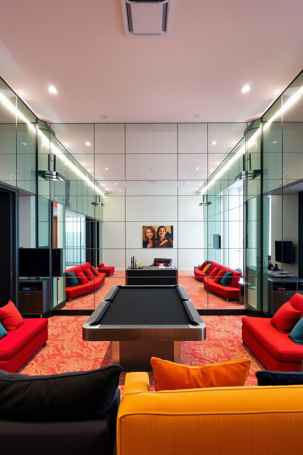 A contemporary game room features an expansive wall adorned with strategically placed mirrors that reflect light and create an illusion of space. The room includes a sleek pool table at the center, surrounded by comfortable seating in bold colors, enhancing the playful atmosphere. The design incorporates a large mirror behind the gaming area, amplifying the dynamic energy of the space. Accent lighting highlights the mirrors, adding a touch of sophistication to the vibrant game room environment.