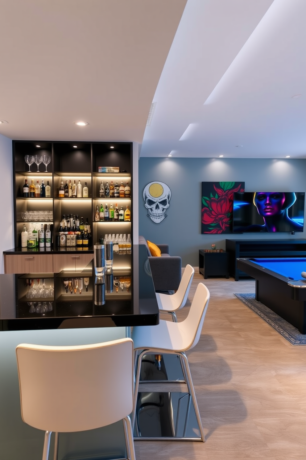 A compact bar area for refreshments featuring a sleek black countertop with minimalist bar stools. The backdrop showcases a stylish shelving unit displaying an array of spirits and glassware, complemented by ambient lighting. Contemporary game room design ideas highlighting a spacious layout with a plush sectional sofa and a large flat-screen TV. The room includes a modern pool table and vibrant artwork on the walls, creating an inviting atmosphere for entertainment.