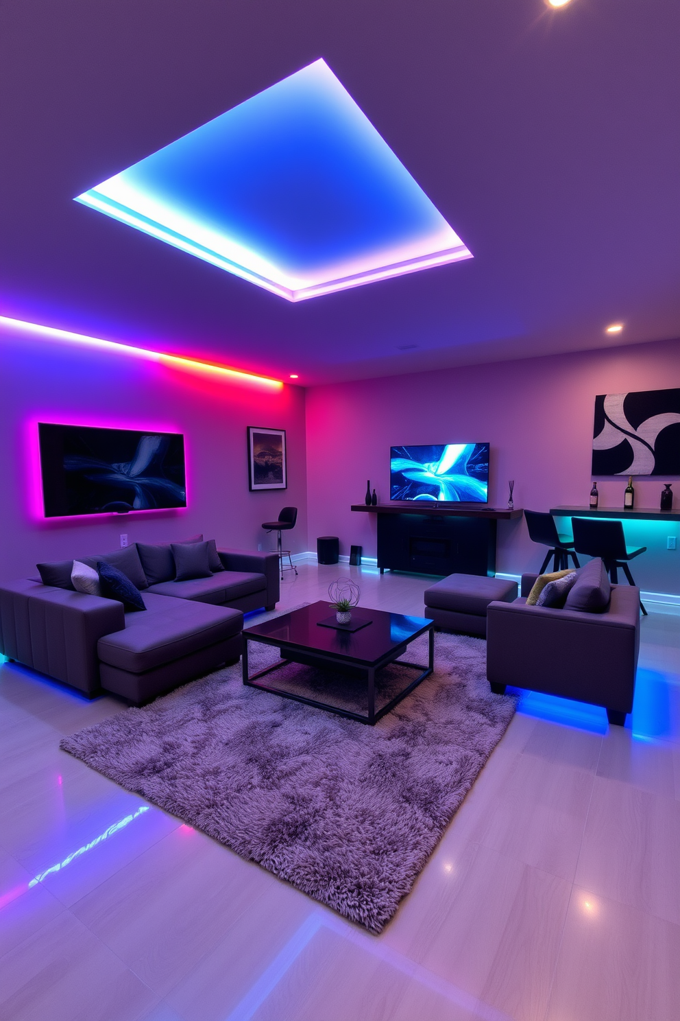 A contemporary game room featuring flexible lighting options that can be adjusted for various moods. The space includes a large sectional sofa, a sleek coffee table, and a wall-mounted TV surrounded by colorful LED strip lights. In one corner, a stylish bar area with high stools and ambient lighting creates a perfect spot for entertaining. The walls are adorned with modern art, and a plush area rug anchors the seating arrangement, adding warmth to the room.