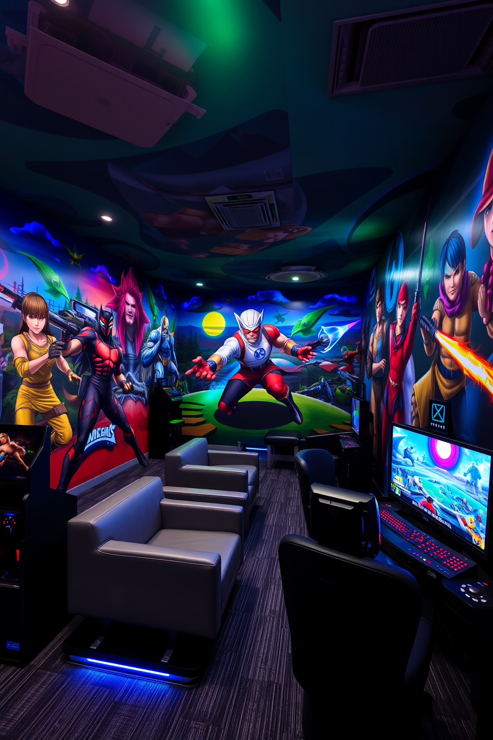 A vibrant game room filled with artistic murals depicting iconic gaming characters. The walls are painted with colorful scenes that immerse players in a dynamic gaming universe. The room features sleek gaming consoles and comfortable seating arranged for optimal viewing. Ambient LED lighting enhances the atmosphere, creating an inviting space for gaming enthusiasts.