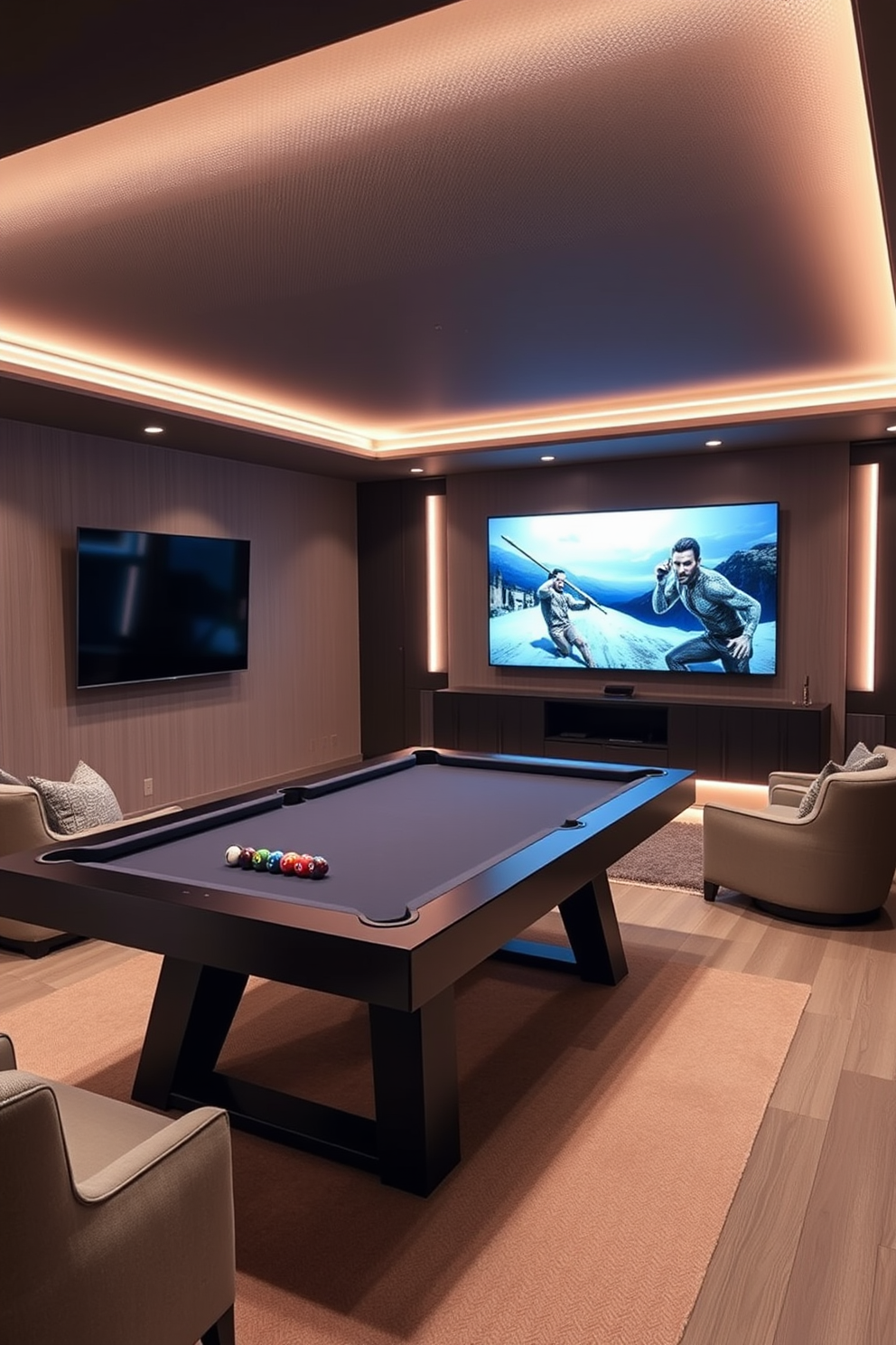 A contemporary game room featuring integrated LED lighting that creates a warm and inviting atmosphere. The space includes a sleek pool table surrounded by comfortable seating and a large flat-screen TV mounted on the wall.