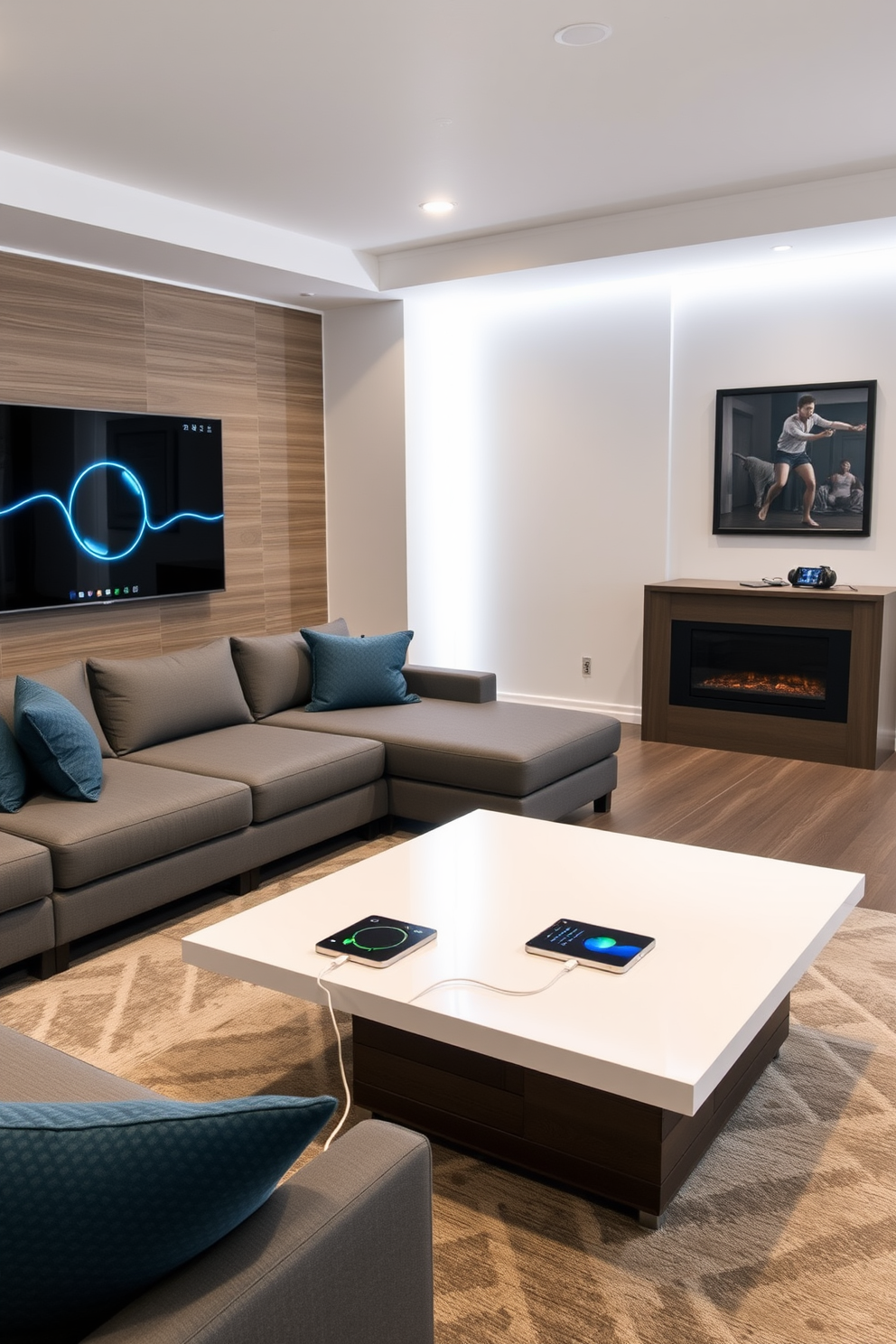 A contemporary game room featuring tech-friendly charging stations seamlessly integrated into the design. The room includes a sleek sectional sofa, a large flat-screen TV mounted on the wall, and a stylish coffee table with built-in wireless charging pads.