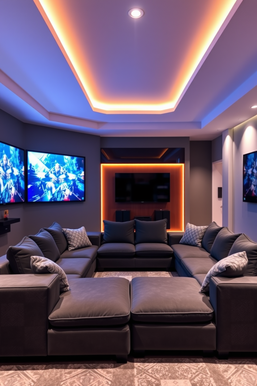 A comfortable sectional sofa is positioned in the center of a contemporary game room, featuring plush cushions and a sleek design. Surrounding the sofa are large screens mounted on the walls, creating an immersive gaming experience with ambient lighting that enhances the atmosphere.