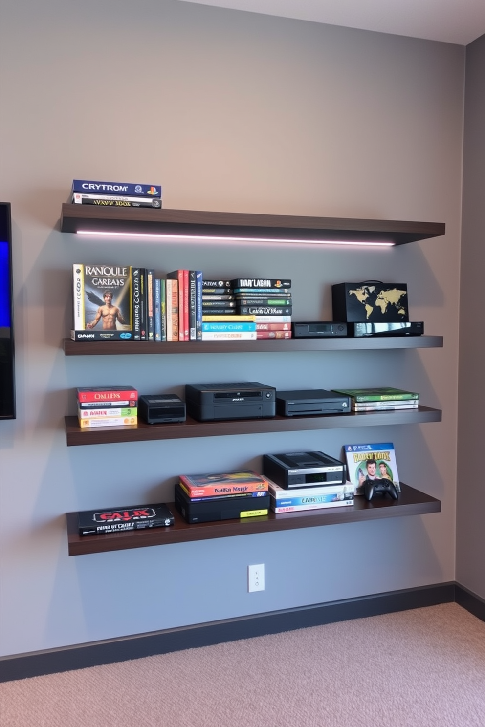 A contemporary game room features sleek wall-mounted shelves designed for organized game storage. The shelves are made of dark wood, contrasting with a light gray wall, and are filled with neatly arranged board games and gaming consoles.