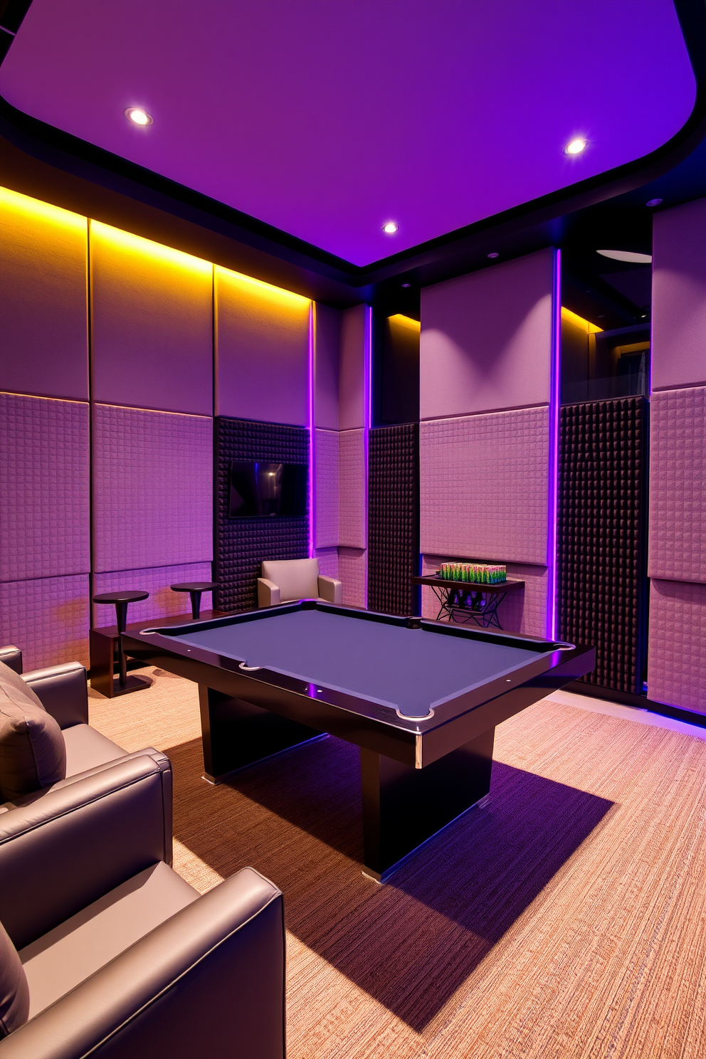 A contemporary game room featuring soundproofing panels on the walls to enhance noise reduction. The space includes a sleek pool table, comfortable seating arrangements, and vibrant LED lighting to create an inviting atmosphere.