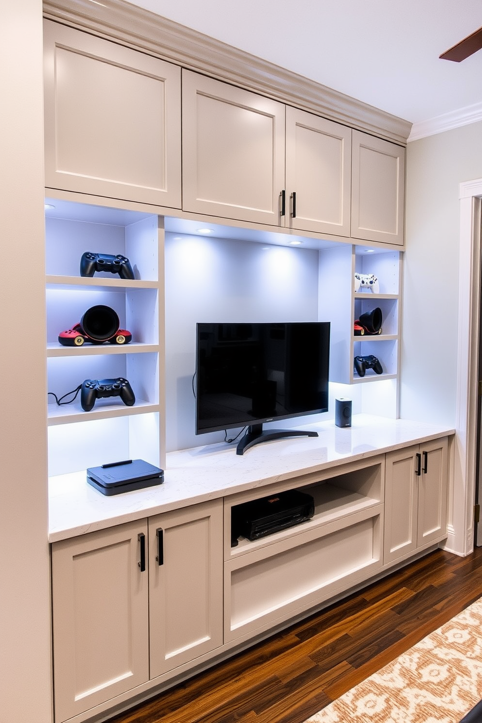 A sleek gaming console corner features custom cabinetry that blends seamlessly with the room's decor. The cabinetry showcases built-in shelves for game storage and stylish lighting that highlights the console setup.