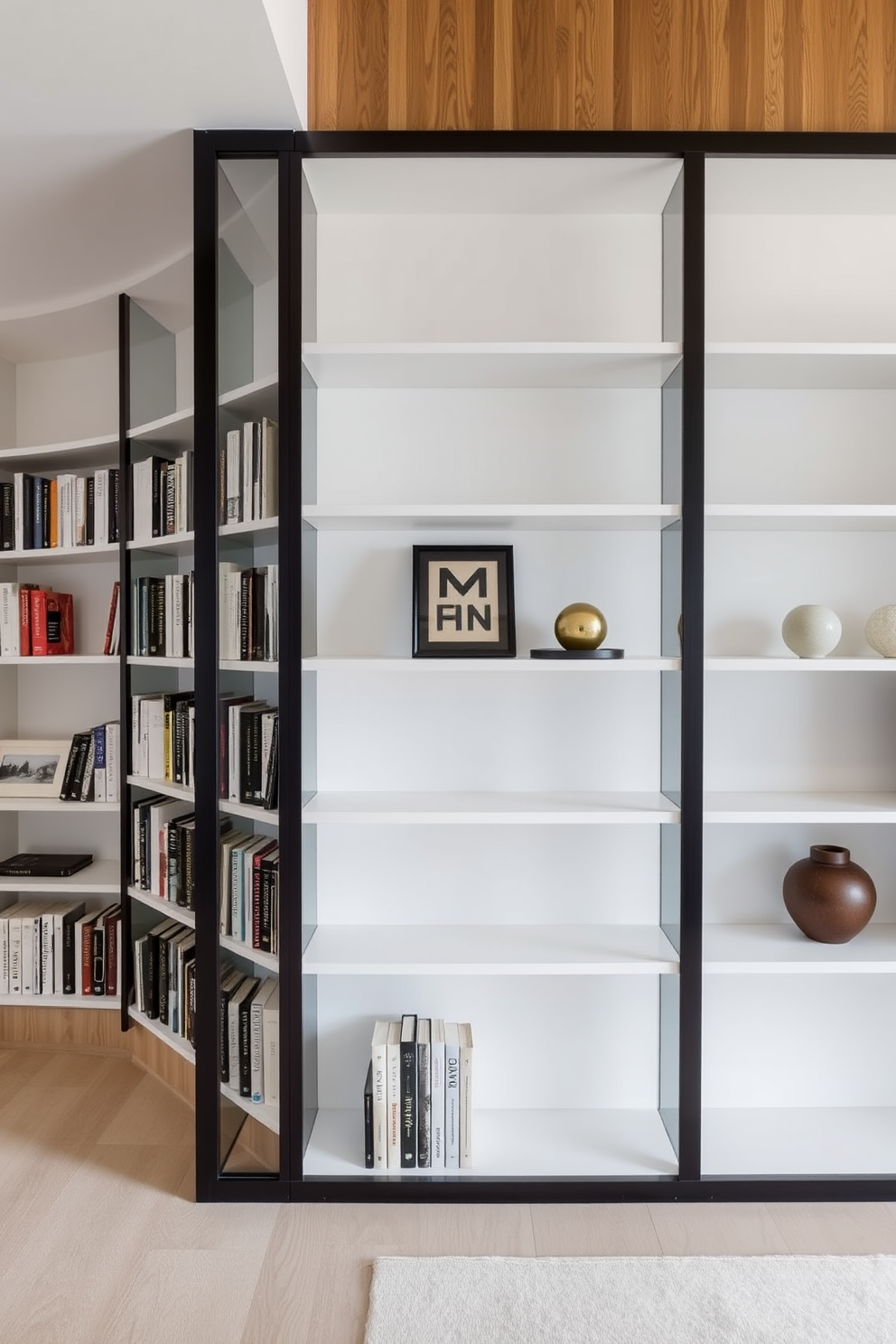 Sleek minimalist shelves line the walls of a contemporary home library, showcasing a curated selection of books and decorative items. The design features clean lines and a neutral color palette, creating an airy and inviting atmosphere.