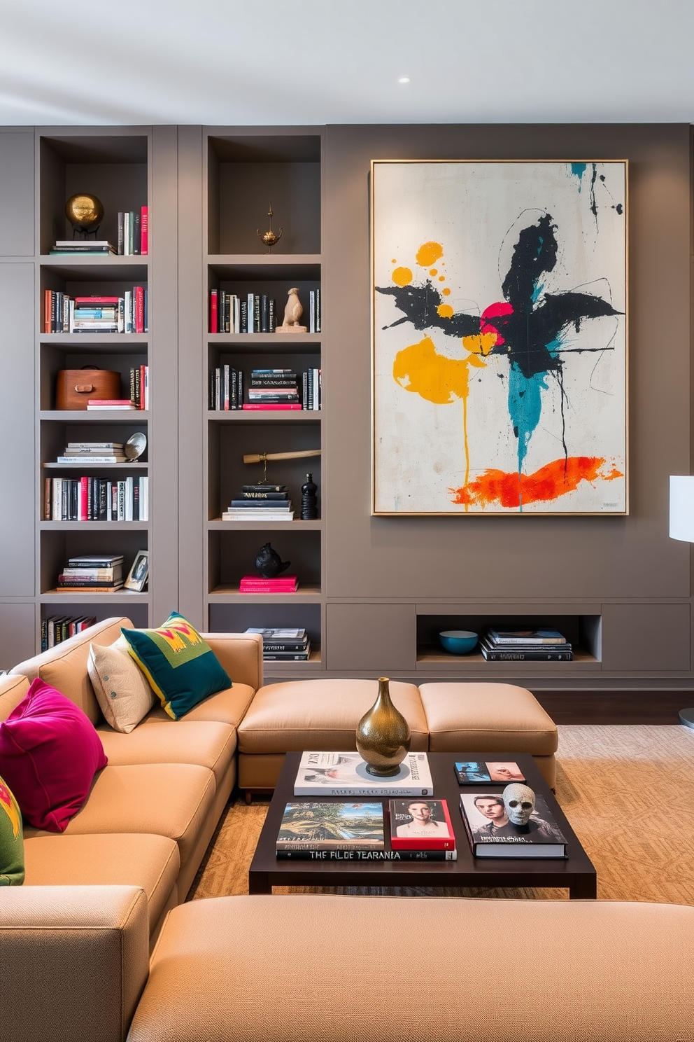 A contemporary home library features sleek built-in shelves filled with an eclectic mix of books and decorative objects. A large, abstract art piece hangs prominently on one wall, drawing the eye and adding a splash of color to the serene environment. The seating area includes a plush sectional sofa in neutral tones, complemented by vibrant throw pillows. A stylish coffee table sits in the center, adorned with art books and a small sculpture, creating an inviting space for relaxation and inspiration.