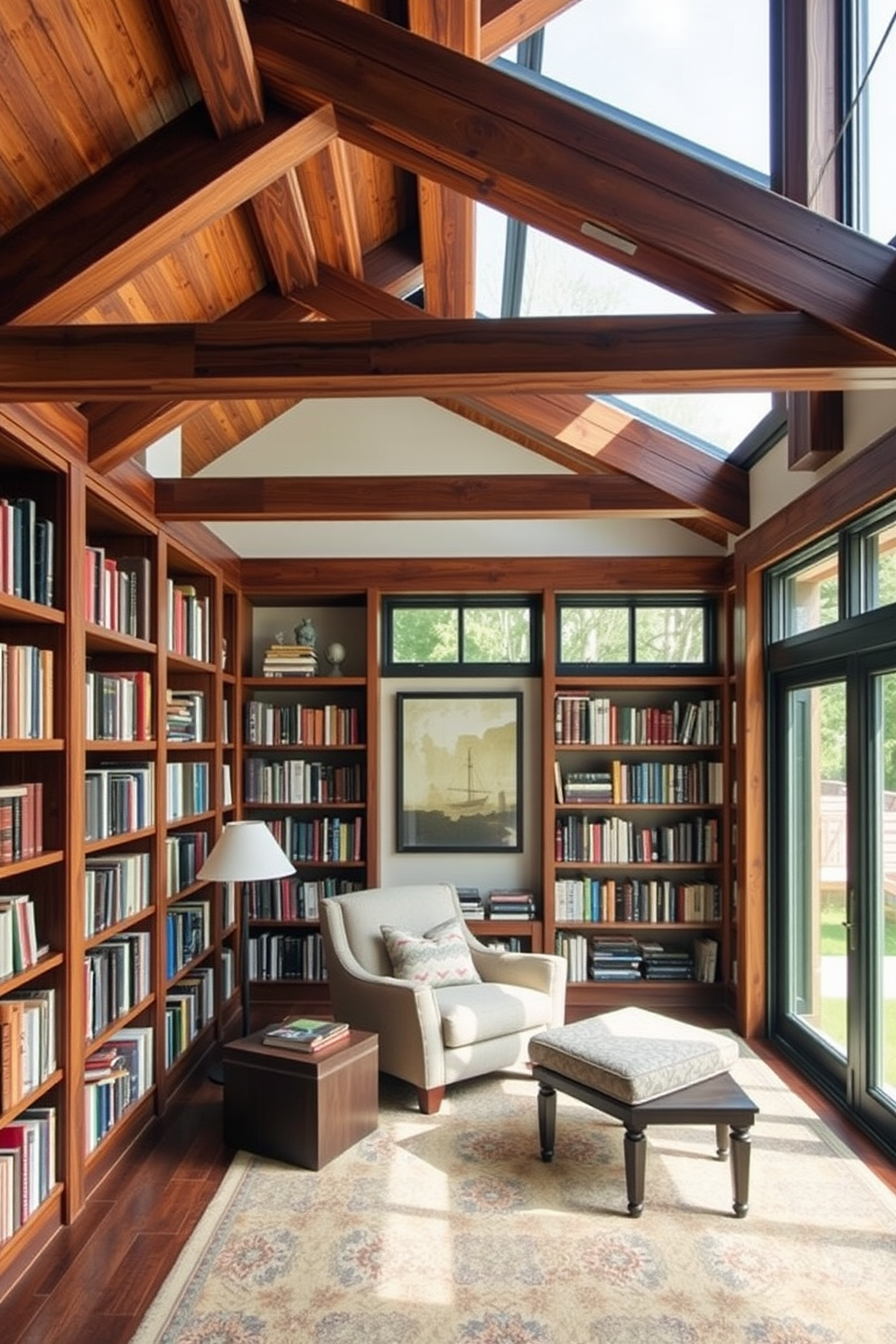 A contemporary home library featuring wooden beams that enhance the rustic elegance of the space. The room is filled with floor-to-ceiling bookshelves, a plush reading nook with a cozy armchair, and a large window allowing natural light to flood in.