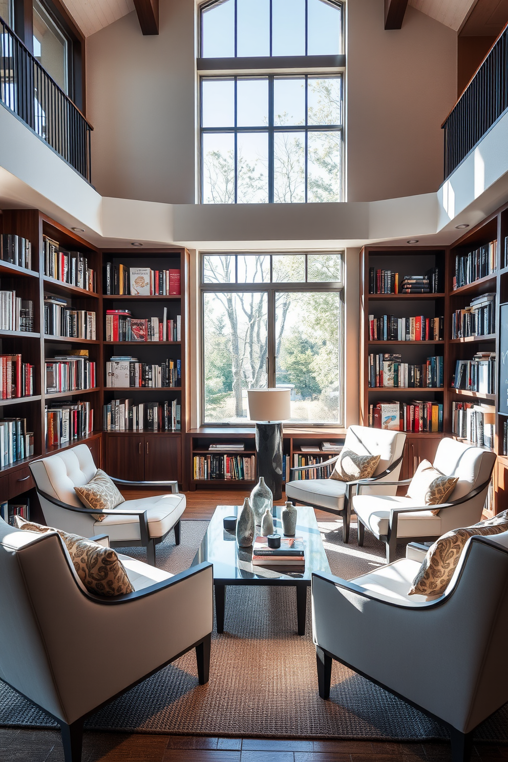 Modern lounge chairs with plush cushions are arranged in a cozy corner of a contemporary home library. The space is illuminated by natural light streaming through large windows, creating an inviting atmosphere for reading and relaxation. The library features built-in bookshelves that stretch from floor to ceiling, filled with a curated collection of books. A sleek coffee table sits in front of the lounge chairs, adorned with a stylish lamp and a few decorative accessories.