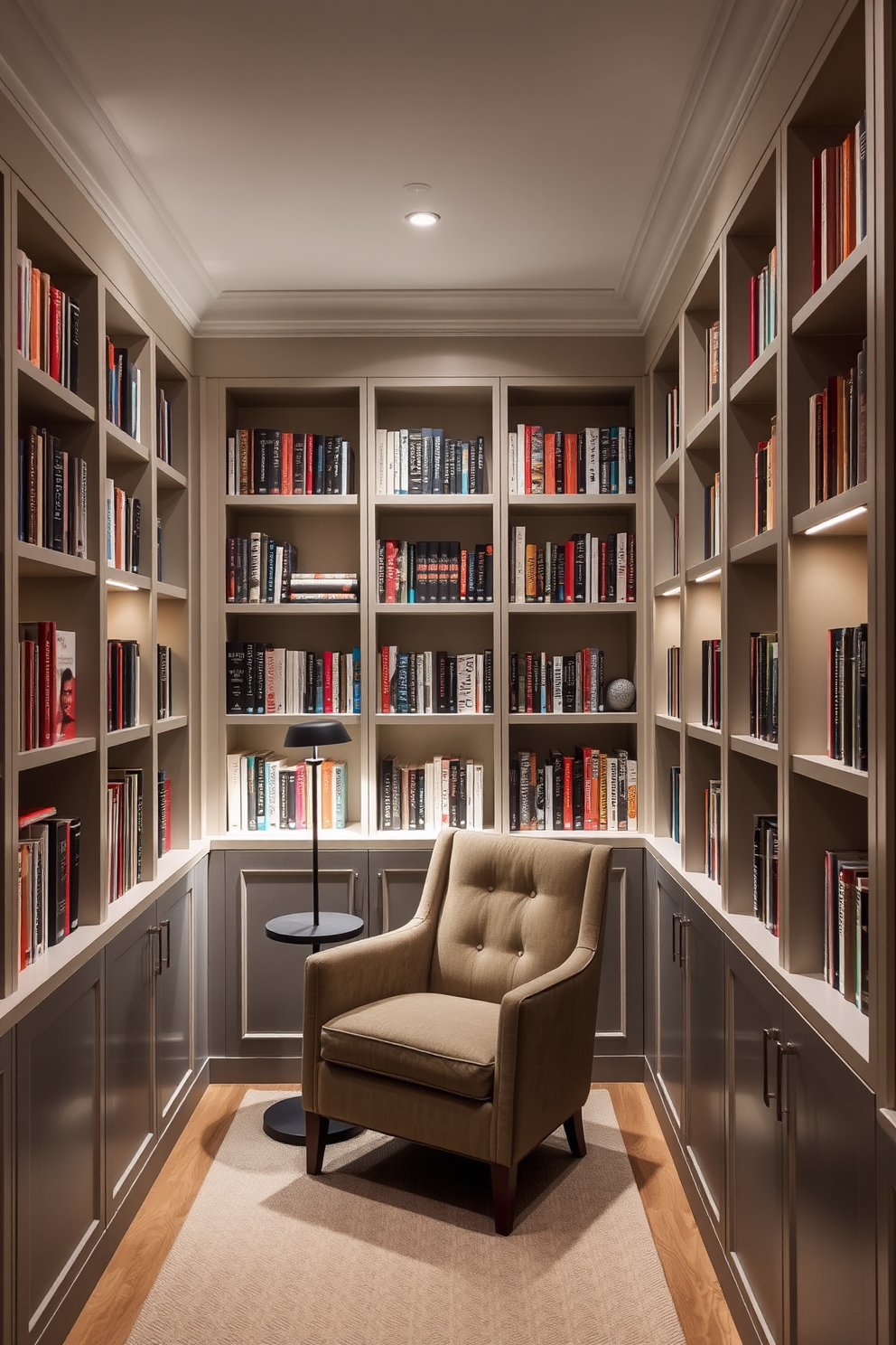 A contemporary home library features built-in bookcases with sleek finishes that stretch from floor to ceiling. Soft, ambient lighting highlights a cozy reading nook with a plush armchair and a small side table.