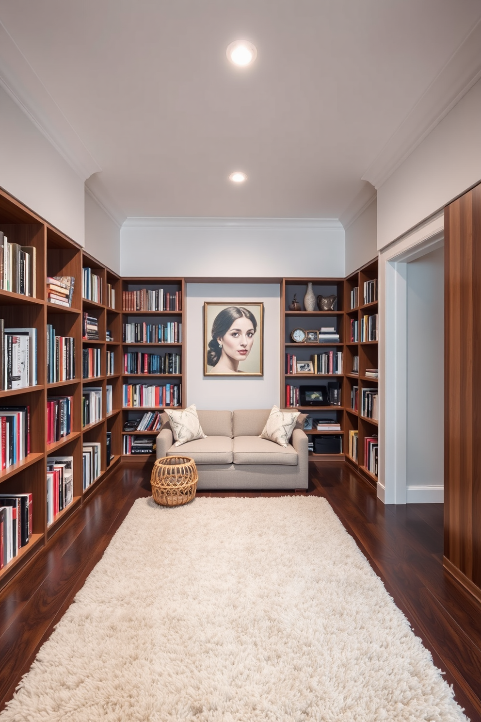 A contemporary home library features a cozy reading nook with a plush textured rug that adds warmth to the space. Floor-to-ceiling bookshelves line the walls, showcasing a curated collection of books and decorative items.