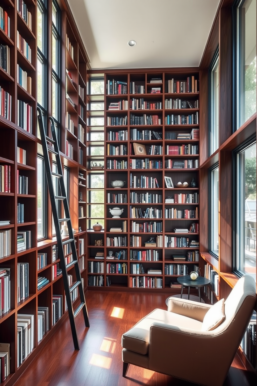 A contemporary home library features floor-to-ceiling bookshelves made of dark wood, creating an inviting atmosphere. A sleek ladder leans against the shelves, providing access to the upper levels filled with neatly arranged books and decorative objects. The room is illuminated by large windows that allow natural light to flood in, enhancing the warm tones of the wood. A cozy reading nook with a plush armchair and a small side table is positioned near the window, inviting relaxation and contemplation.