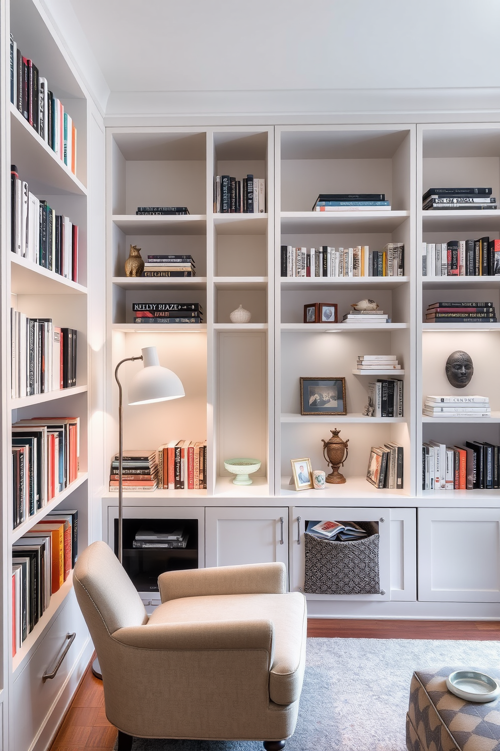 A contemporary home library features sleek built-in shelves that maximize vertical space while showcasing a curated collection of books and decorative items. A cozy reading nook is created with a plush armchair and a small side table, illuminated by a stylish floor lamp. Smart storage solutions include modular shelving units that can be adjusted to accommodate various book sizes and personal items. A hidden cabinet beneath the window provides additional storage while maintaining a clean and organized aesthetic.