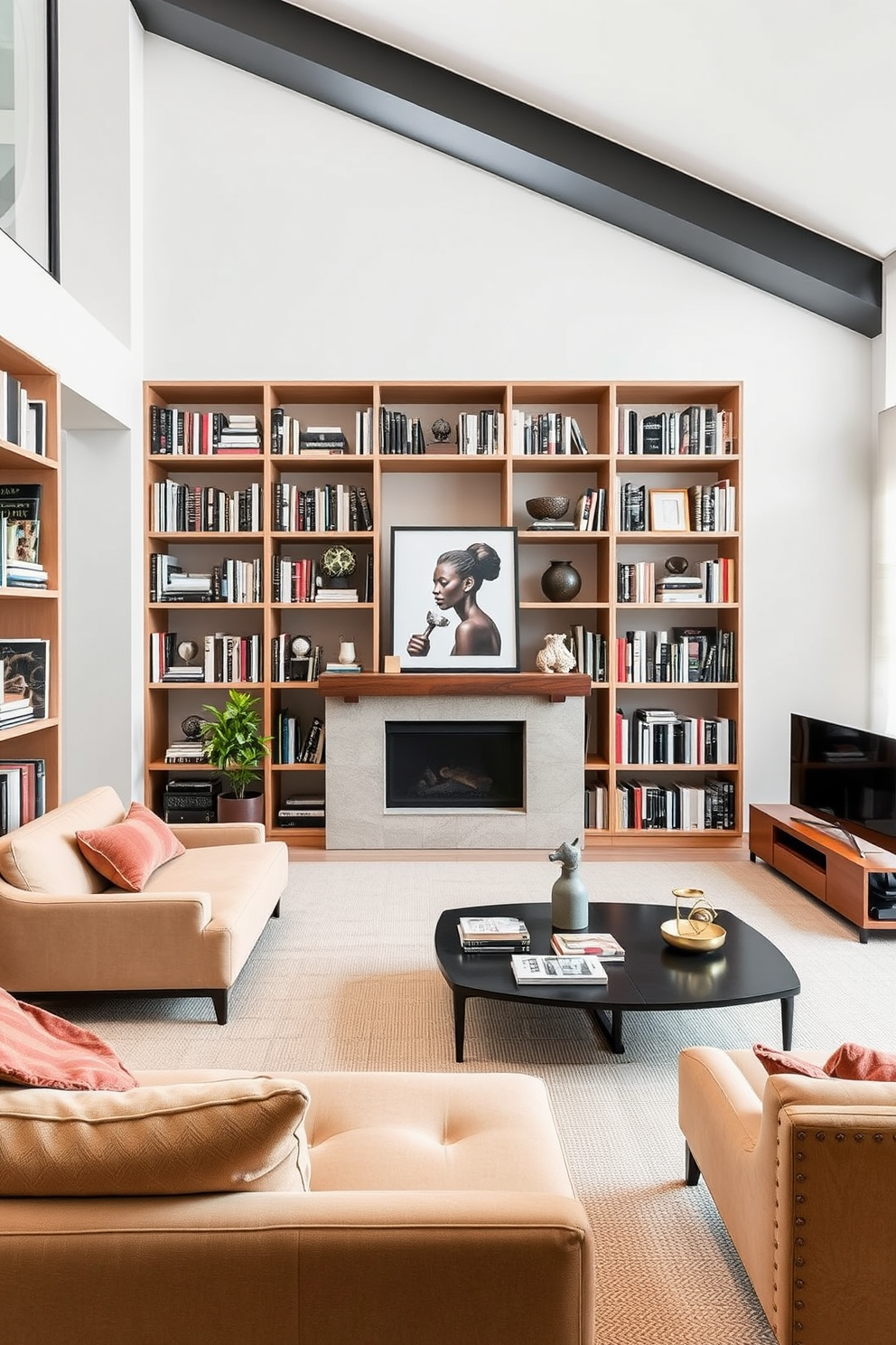 A contemporary home library featuring low-profile furniture to create an airy and spacious atmosphere. The space is filled with sleek shelving units that reach the ceiling, adorned with a curated selection of books and decorative items.