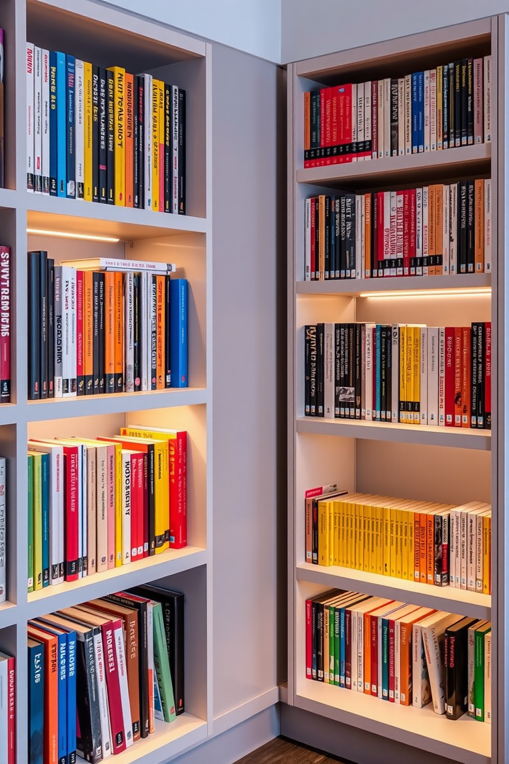 A cozy home library featuring a plush area rug that defines a reading zone. The rug is layered over hardwood flooring, creating a warm and inviting atmosphere for relaxation and reading. Bookshelves line the walls, filled with a diverse collection of books and decorative items. A comfortable armchair sits on the rug, accompanied by a small side table for drinks and reading materials.