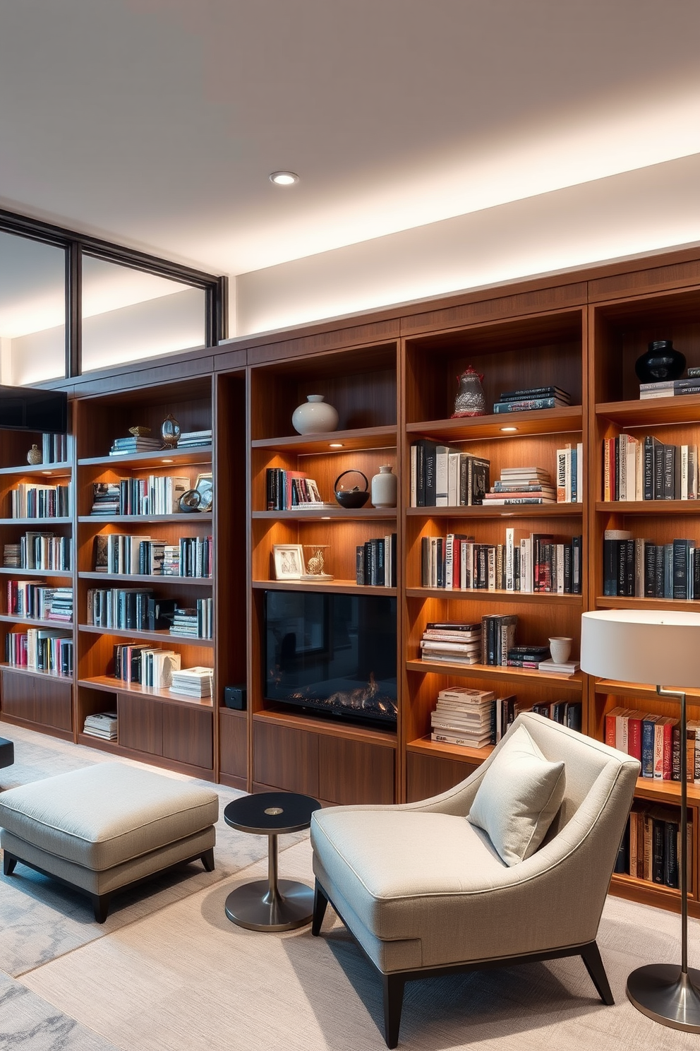 A contemporary home library featuring sleek wooden shelves filled with an array of books and decorative objects. Accent lighting is strategically placed to highlight the collections, creating a warm and inviting atmosphere. A cozy reading nook is integrated into the design with a plush armchair and a small side table. Large windows allow natural light to flood the space, complemented by soft, ambient lighting in the evening.