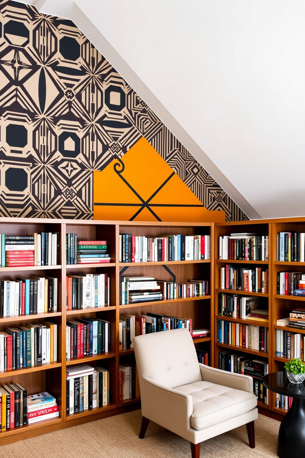 A contemporary home library featuring a bold accent wall in deep navy blue. The space includes sleek built-in bookshelves filled with an array of books, complemented by a cozy reading nook with a plush armchair and a small side table.