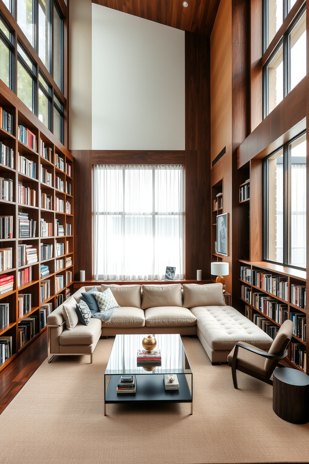 A contemporary home library features floor-to-ceiling bookshelves made of rich walnut wood that line the walls. A large, plush sectional sofa in a neutral tone is positioned in the center, accompanied by a sleek glass coffee table. Natural light floods the space through expansive windows adorned with sheer white curtains. A modern reading nook with a comfortable armchair and a stylish floor lamp invites relaxation in this open layout.