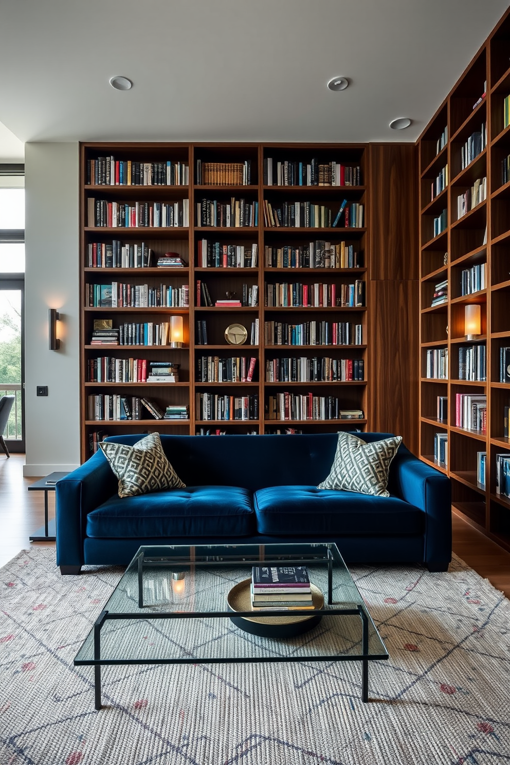 A contemporary home library features accent lighting that highlights artwork and shelves. The walls are lined with dark wood bookshelves filled with an array of books and decorative items. Soft, warm lighting creates an inviting atmosphere, illuminating a comfortable reading nook with a plush armchair. A sleek glass table sits nearby, adorned with a stylish lamp and a small stack of books.