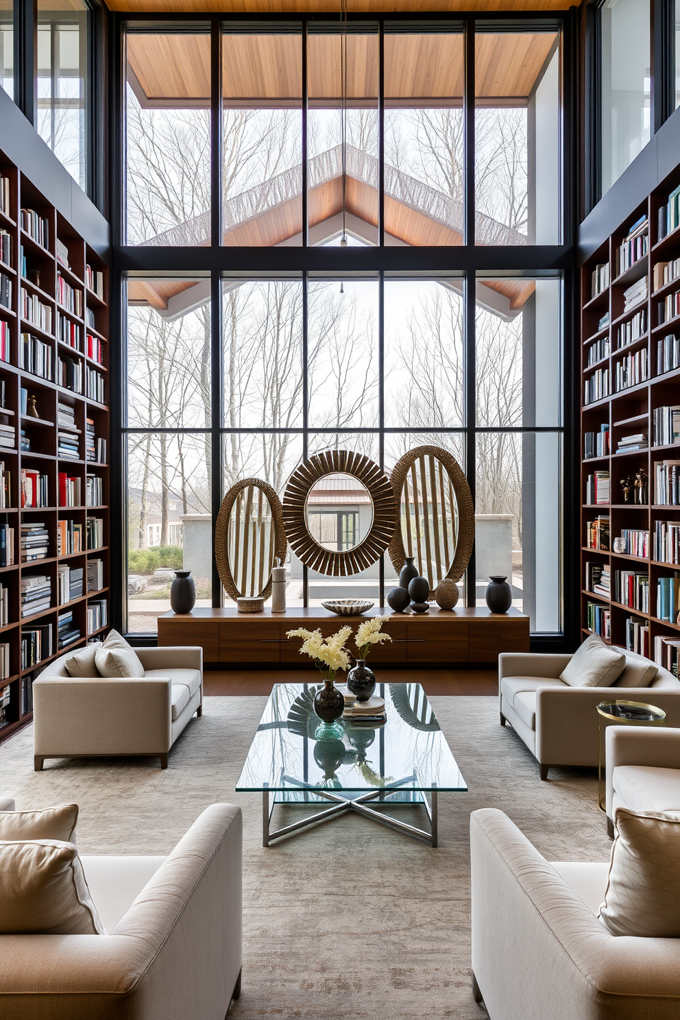 A contemporary home library features large floor-to-ceiling windows that flood the space with natural light. The walls are lined with custom-built bookshelves filled with a curated selection of books and decorative objects. A sleek glass coffee table sits in the center of the room, surrounded by plush seating in neutral tones. Decorative mirrors are strategically placed to reflect light and create a sense of openness, enhancing the inviting atmosphere of the library.