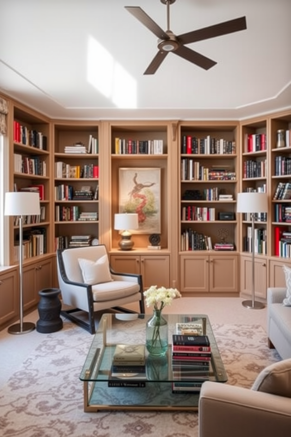 A sleek glass coffee table sits elegantly in the center of a contemporary home library. Surrounding the table are plush armchairs with modern lines, and the walls are lined with floor-to-ceiling bookshelves filled with an array of books and decorative items.