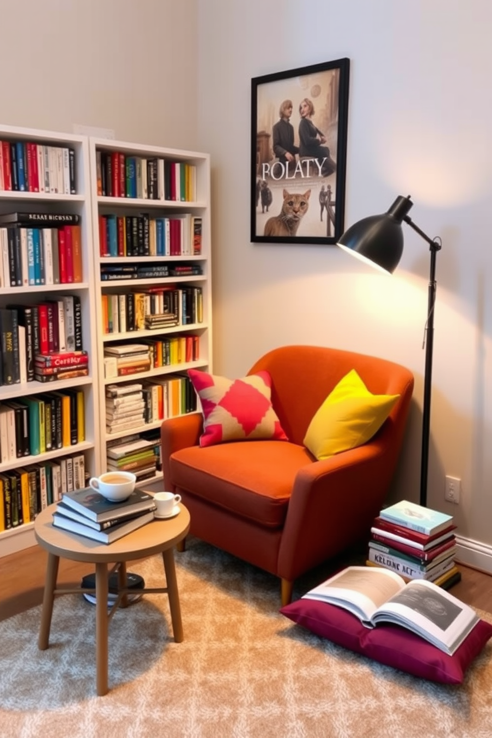 Create a cozy reading corner featuring a plush armchair adorned with colorful cushions. A small side table holds a stack of books and a steaming cup of tea, while a tall bookshelf filled with various genres lines the wall. Incorporate warm lighting with a stylish floor lamp that casts a soft glow over the space. The walls are painted in a calming shade, and a patterned rug adds texture underfoot, inviting relaxation and comfort.