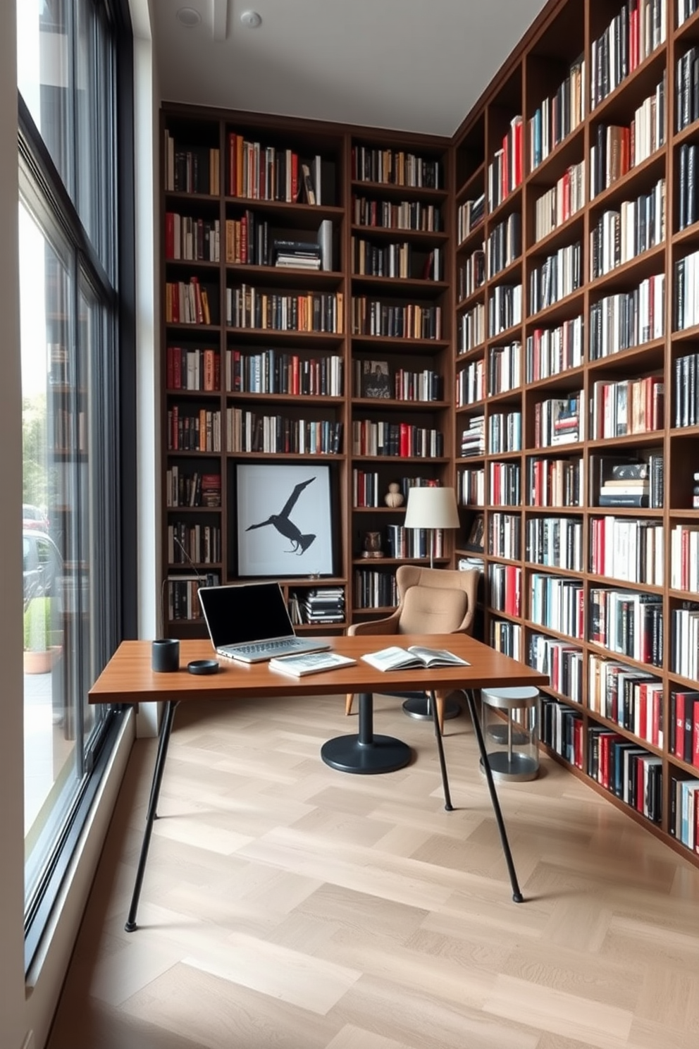 A stylish desk for work and reading features a sleek wooden surface with minimalistic metal legs. The desk is positioned near a large window that allows natural light to illuminate the workspace. The contemporary home library design includes floor-to-ceiling bookshelves filled with an array of books and decorative items. A cozy reading nook with a plush armchair and a small side table is placed in a corner, creating an inviting atmosphere.