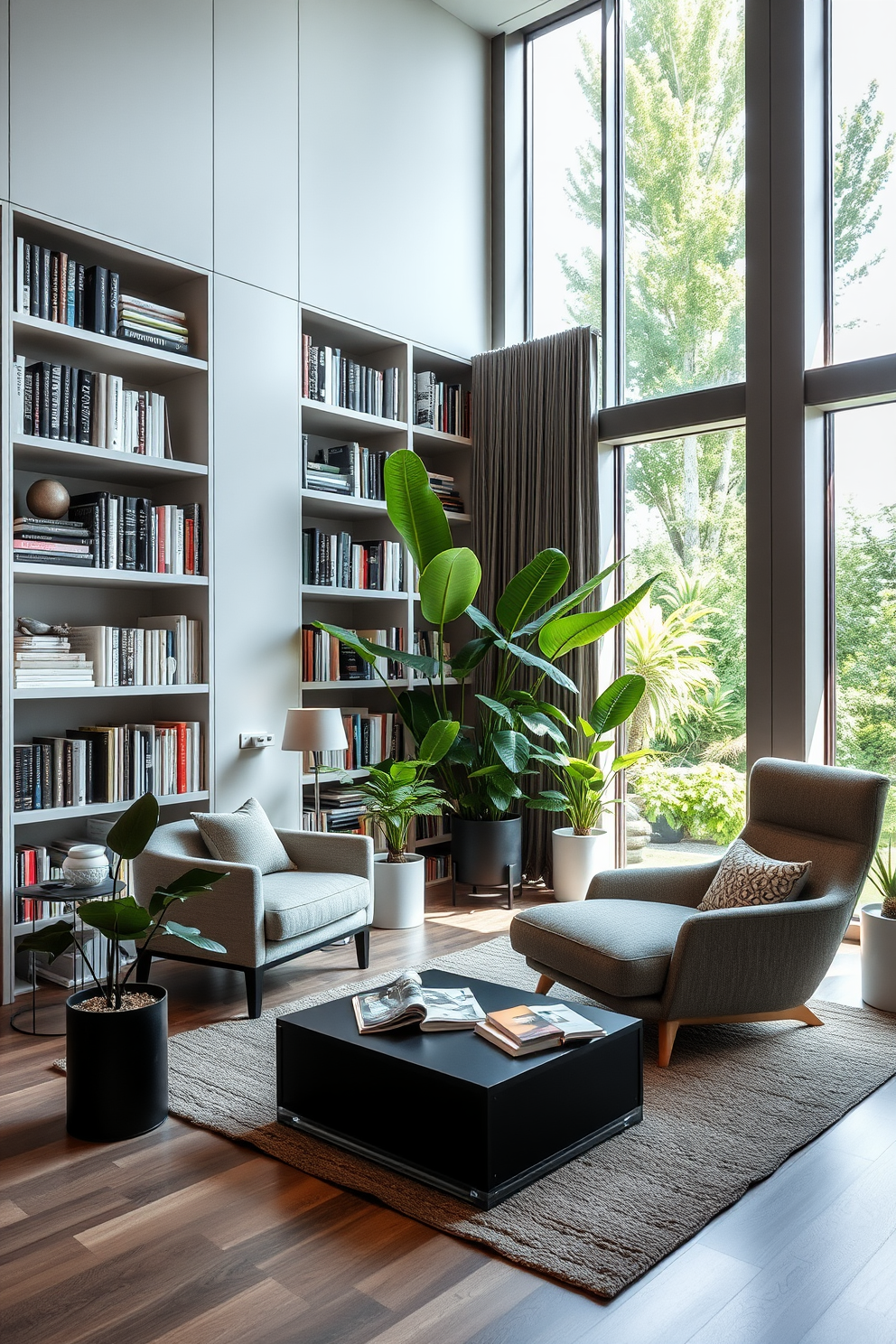 A contemporary home library features sleek shelving units made of dark wood that stretch from floor to ceiling. Plush seating in muted tones is arranged around a central coffee table, creating a cozy reading nook filled with natural light from large windows. Lush green plants are strategically placed throughout the space, adding a refreshing touch to the modern aesthetic. A statement floor lamp stands beside the seating area, providing warm illumination for evening reading sessions.