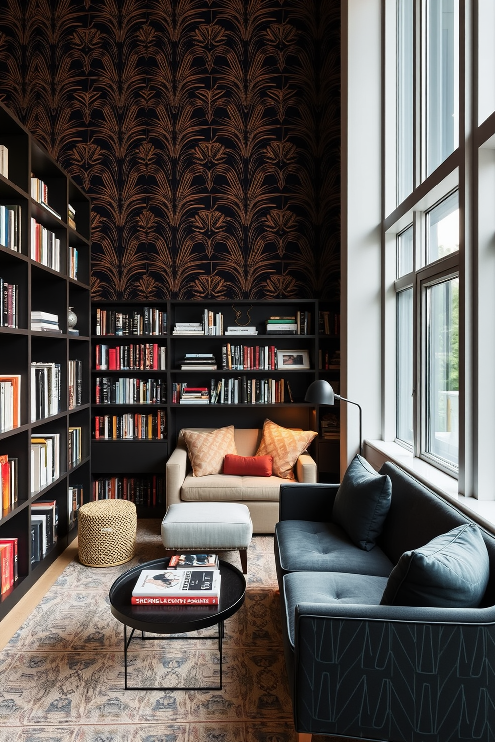 A contemporary home library features bold wallpaper that creates a dramatic focal point. The space is filled with sleek bookshelves, a comfortable reading nook, and stylish furniture that invites relaxation and inspiration.